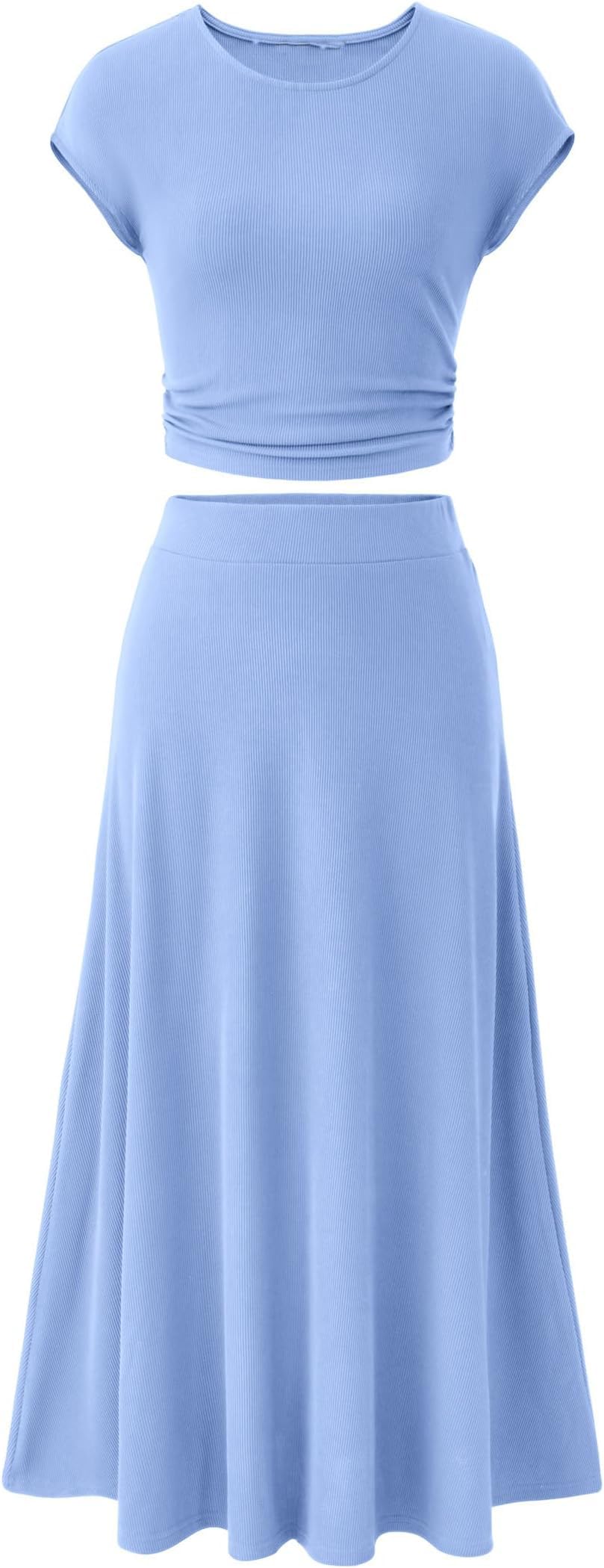 BUNSLOOM Damen Zweiteiler Sommeroutfit Elegante Casual Strick Kurzarm Crop Top Hohe Taille Midi Rock