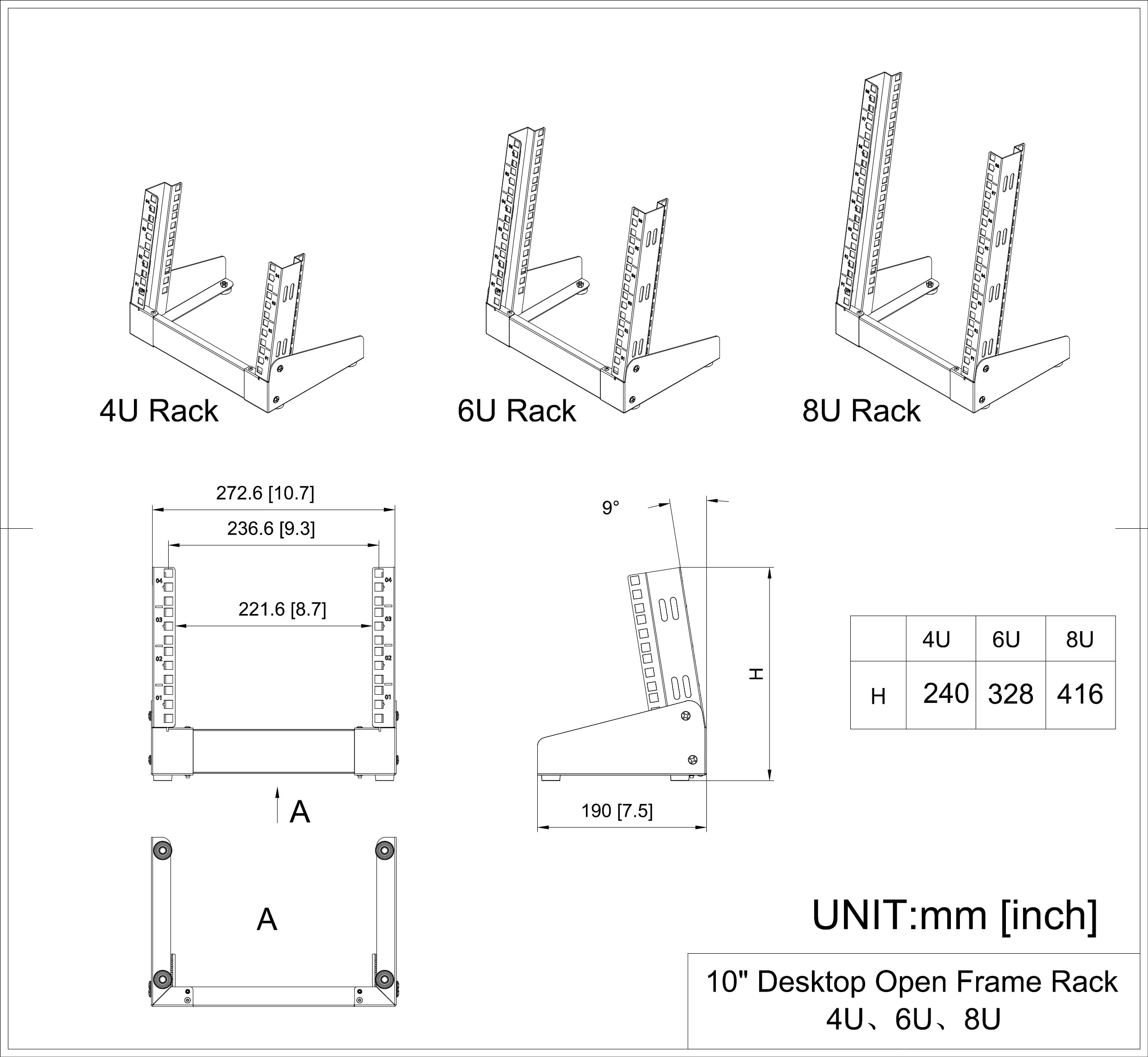 6U kleines Desktop-Netzwerk-Rack, 25,4 cm, Mini-Schrank mit offenem Rahmen | Für 10-Zoll-Netzwerk-, Server-, Audio-, Video- und Studio-Geräte, freistehendes Heimbüro-Rack (6U)