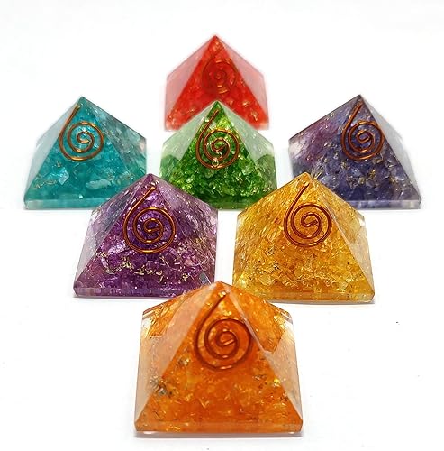 Miniatura 5 de Juego de 7 piezas de pirámide de orgón de siete chakras de cristal natural multipiedra para curación de Reiki, meditación de yoga espiritual,