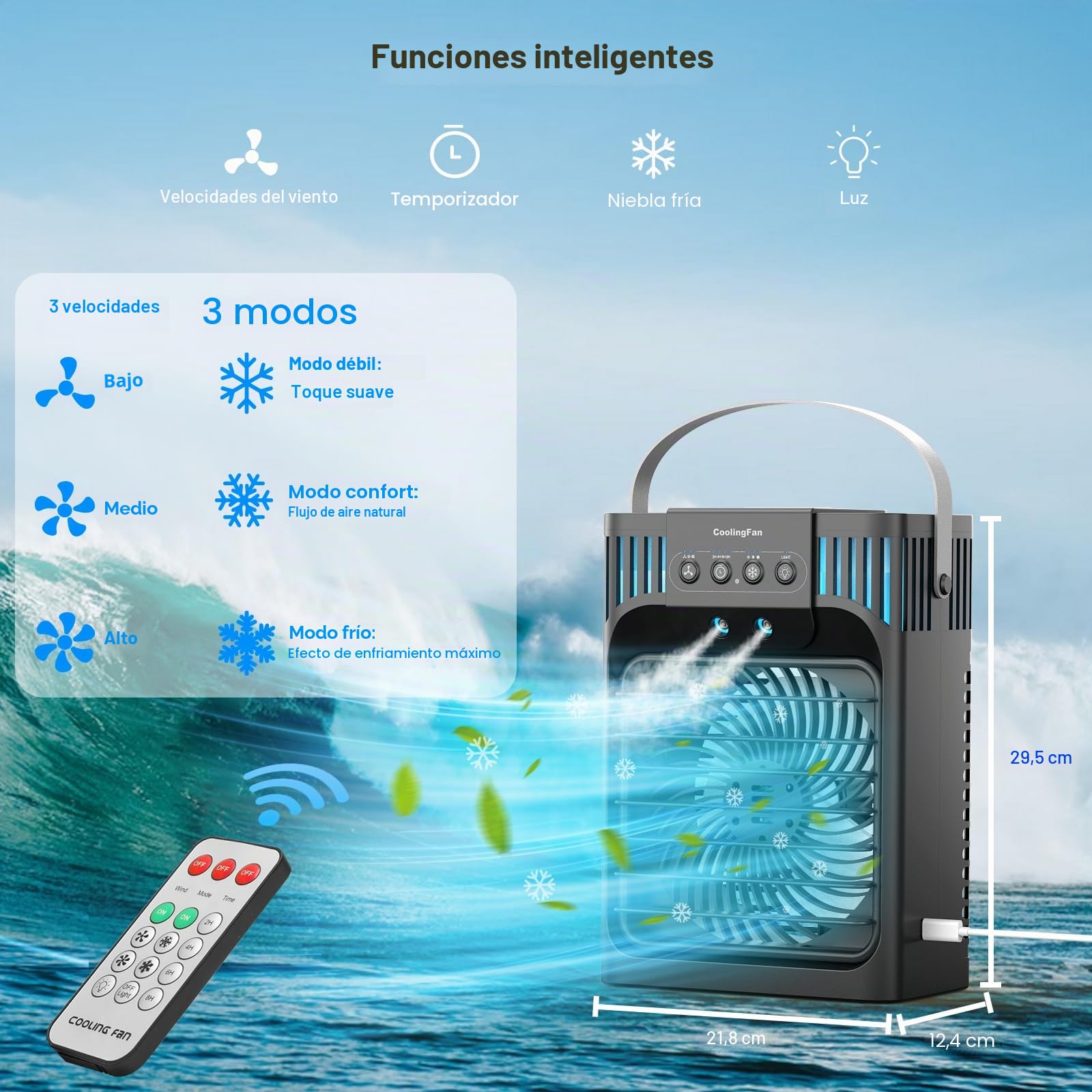 Aire acondicionado portátil con mando a distancia, silencioso con 3 velocidades, ventilador de refrigeración de 1200 ml, ventilador de aire personal con 3 nieblas, 7 luces nocturnas, temporizador de 8
