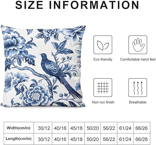 Miniatura 7 de Eurosham - Fundas de almohada de terciopelo azul índigo, diseño floral de pájaros, 16 x 16 pulgadas, estilo chinoiserie, funda de almohada de estilo