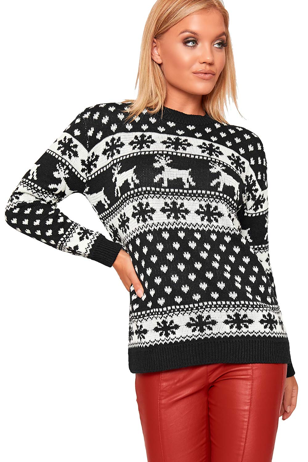 Wearall Women's Black Reindeer Snowflake Long Sleeve Festive Sweater Christmas Jumper - 20-22