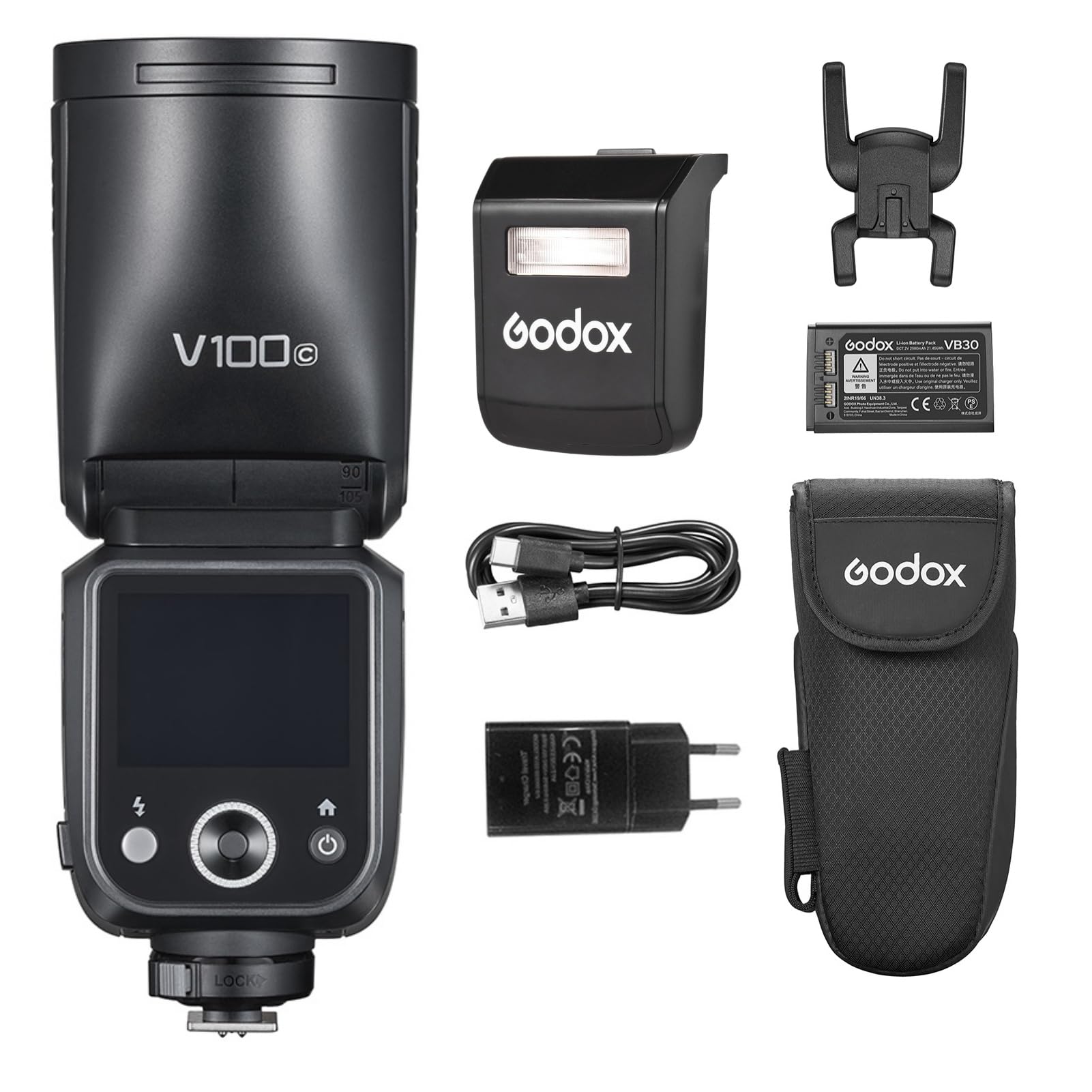 Godox V100C Bezprzewodowa lampa błyskowa 2,4 GHz, Speedlite z okrągłą głowicą 100 W, 1/8000 s HSS Flash, wbudowana lampa sterująca LED ze zdejmowaną lampą błyskową do aparatów Canon EOS
