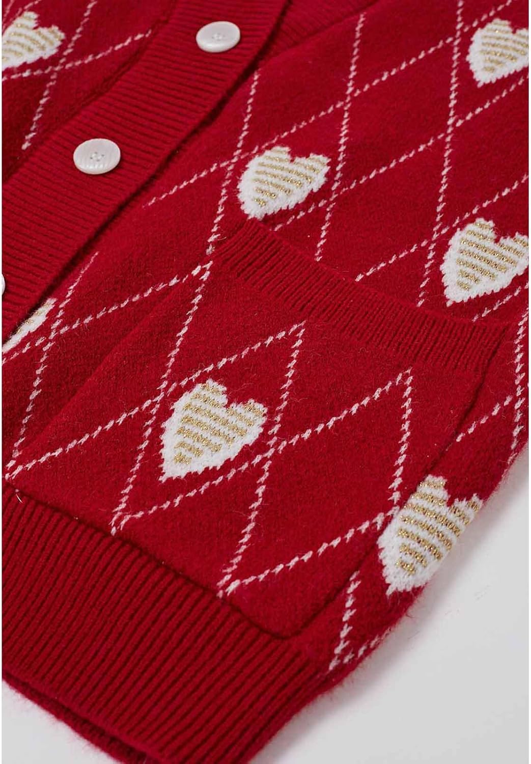 CHICWISH Women's Hearts Print Button Down Cardigan Sweaters V-Neck Long Sleeve Cropped Knit Sweater Cardigan with Pockets Red - Image 7