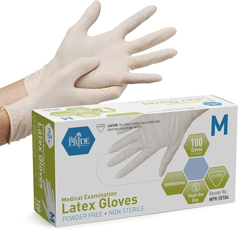 MED PRIDE Guantes de látex para examen médico Medpride | Guantes de examen resistentes, no estériles, sin polvo, de 5 mil de grosor