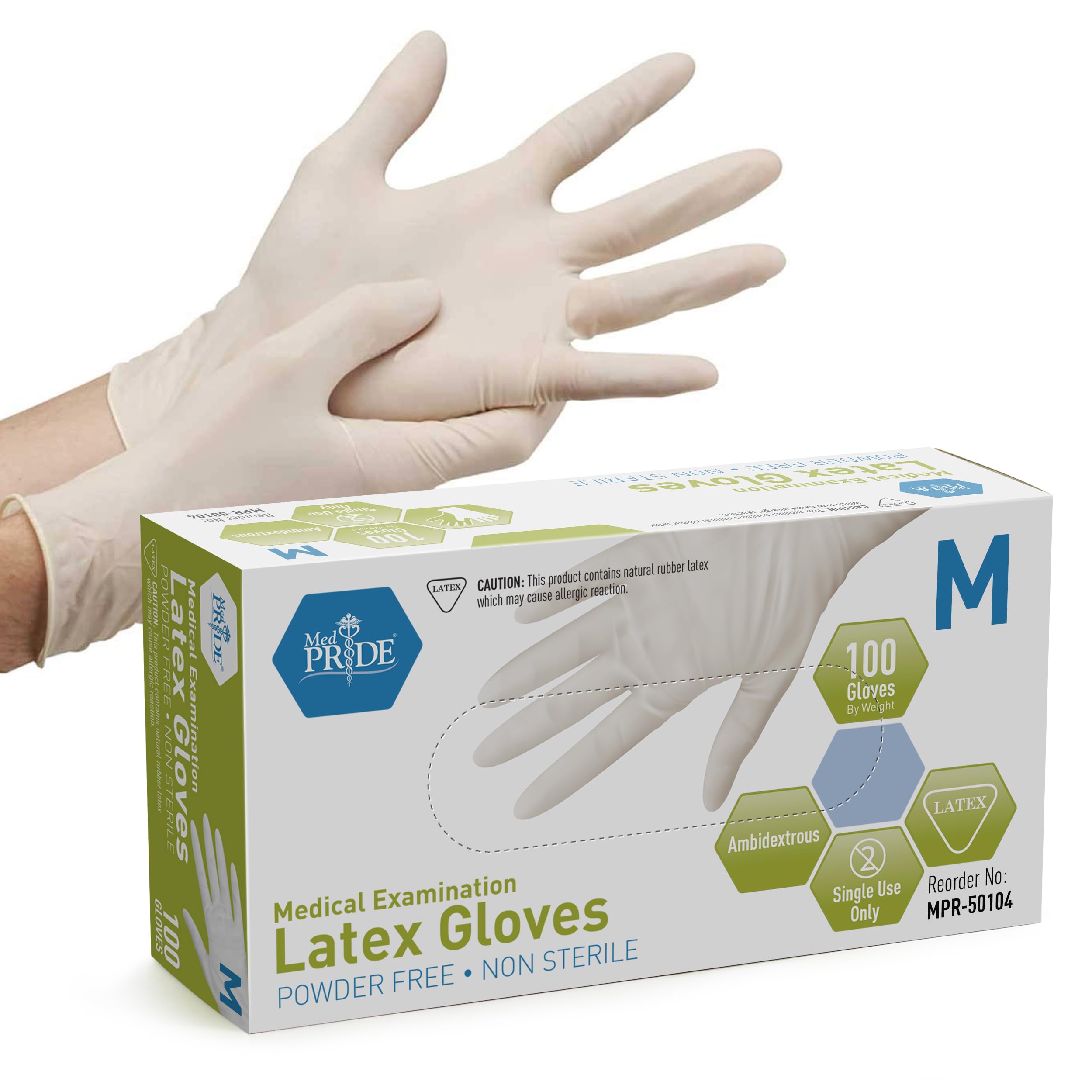 MED PRIDE Medpride Medical Examination Latex Gloves| 5 mil Thick, Powder-Free, Non-Sterile, Heavy Duty Exam Gloves
