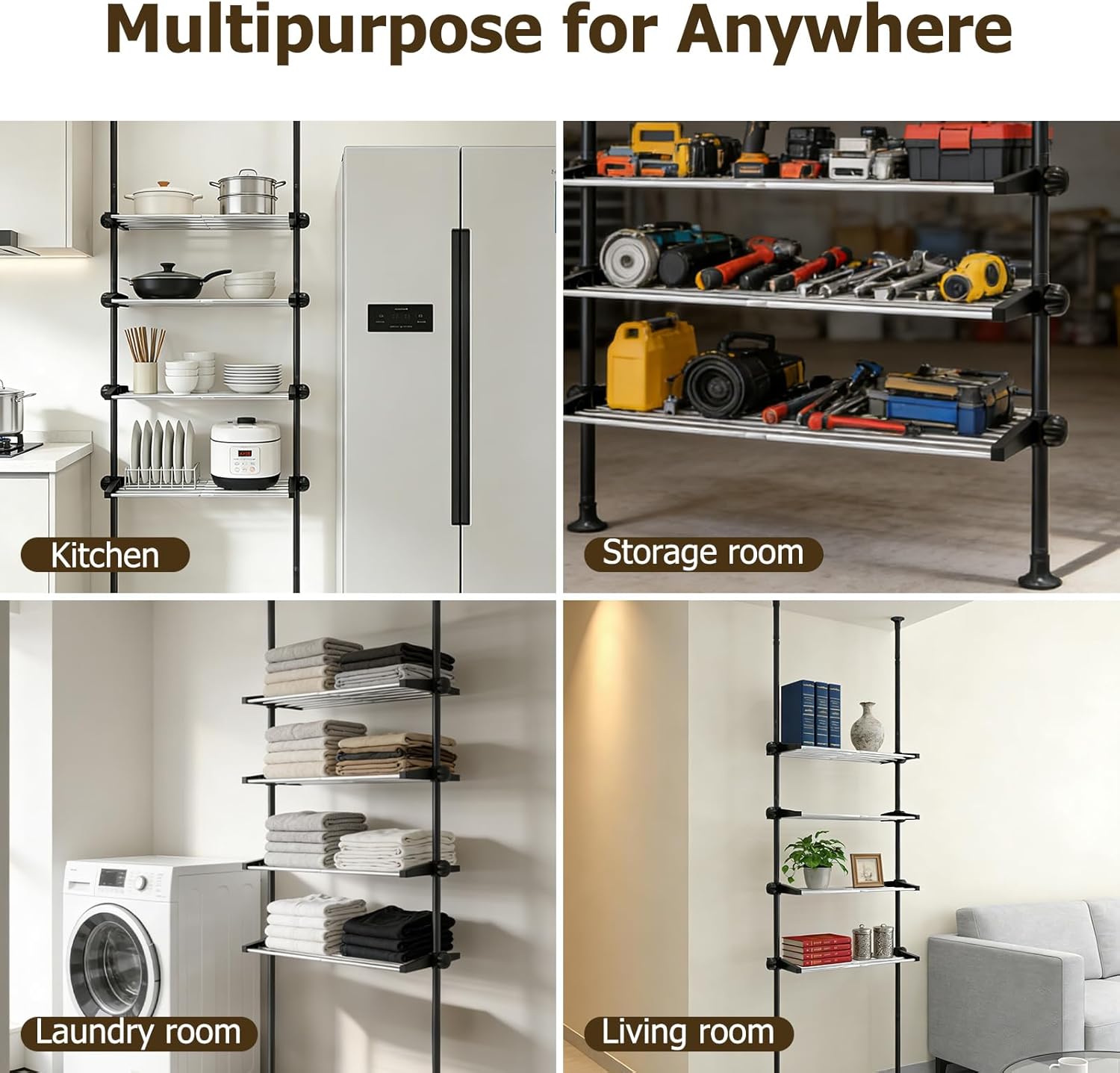 4 Tier Over The Toilet Storage 97-116” Over Toilet Bathroom Organizer with Adjustable Shelf Slim Behind Toilet Shelf for Toilet Paper Towel Plants (Black)