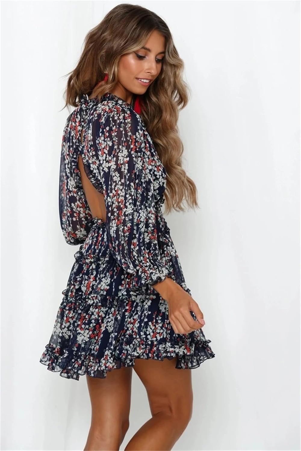 Size Small Color Blue Women's Backless Deep V Neck Dress Retro Ruffled Bohemian Dress Summer Short Dress