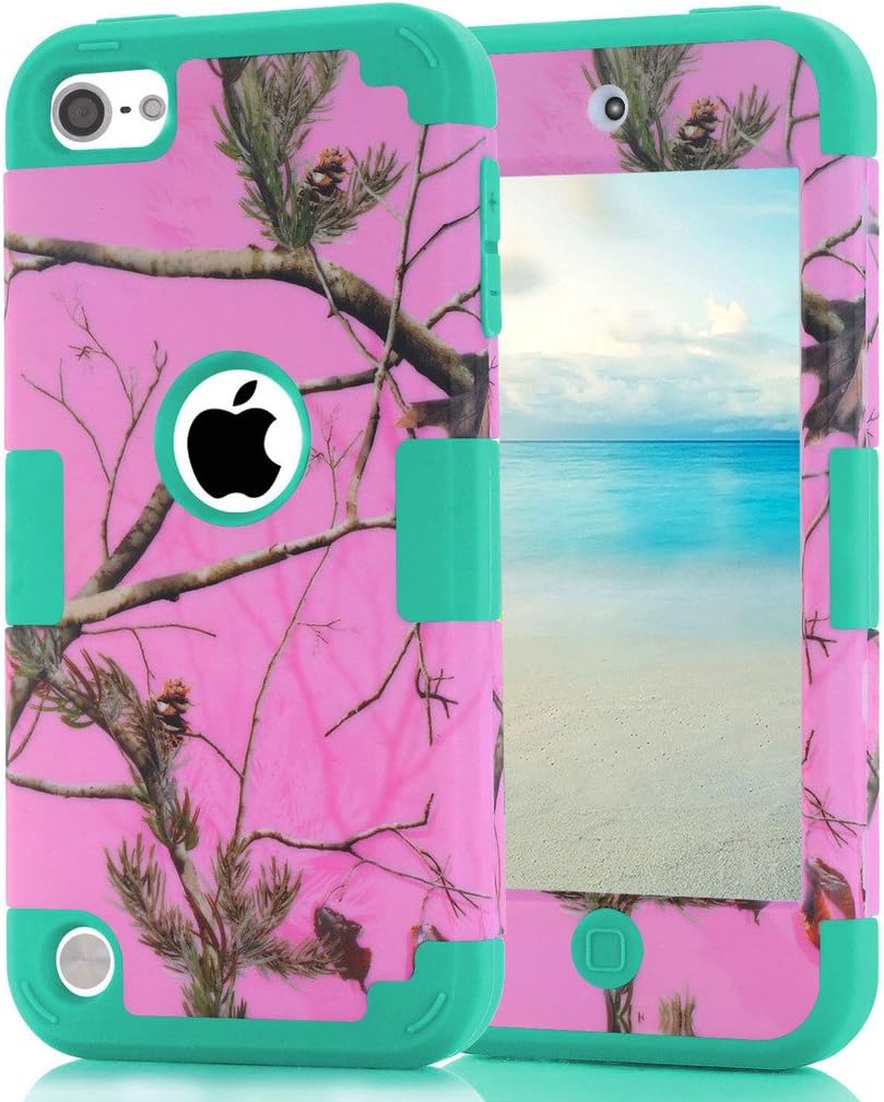 Hocase iPod Touch 7th Generation 2019 Case, Camouflage Series Shockproof Protection Soft Silicone Rubber Bumper+Hard Plastic Protective Case for iPod Touch 5th/6th/7th Generation - Pink/Teal