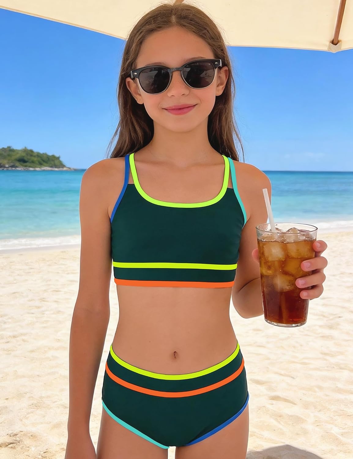 Teen Girls Swimsuit Color Block Sporty Bikini Sets with Cover Up Skirt 3 Piece Bathing Suit Size 7-16 Years