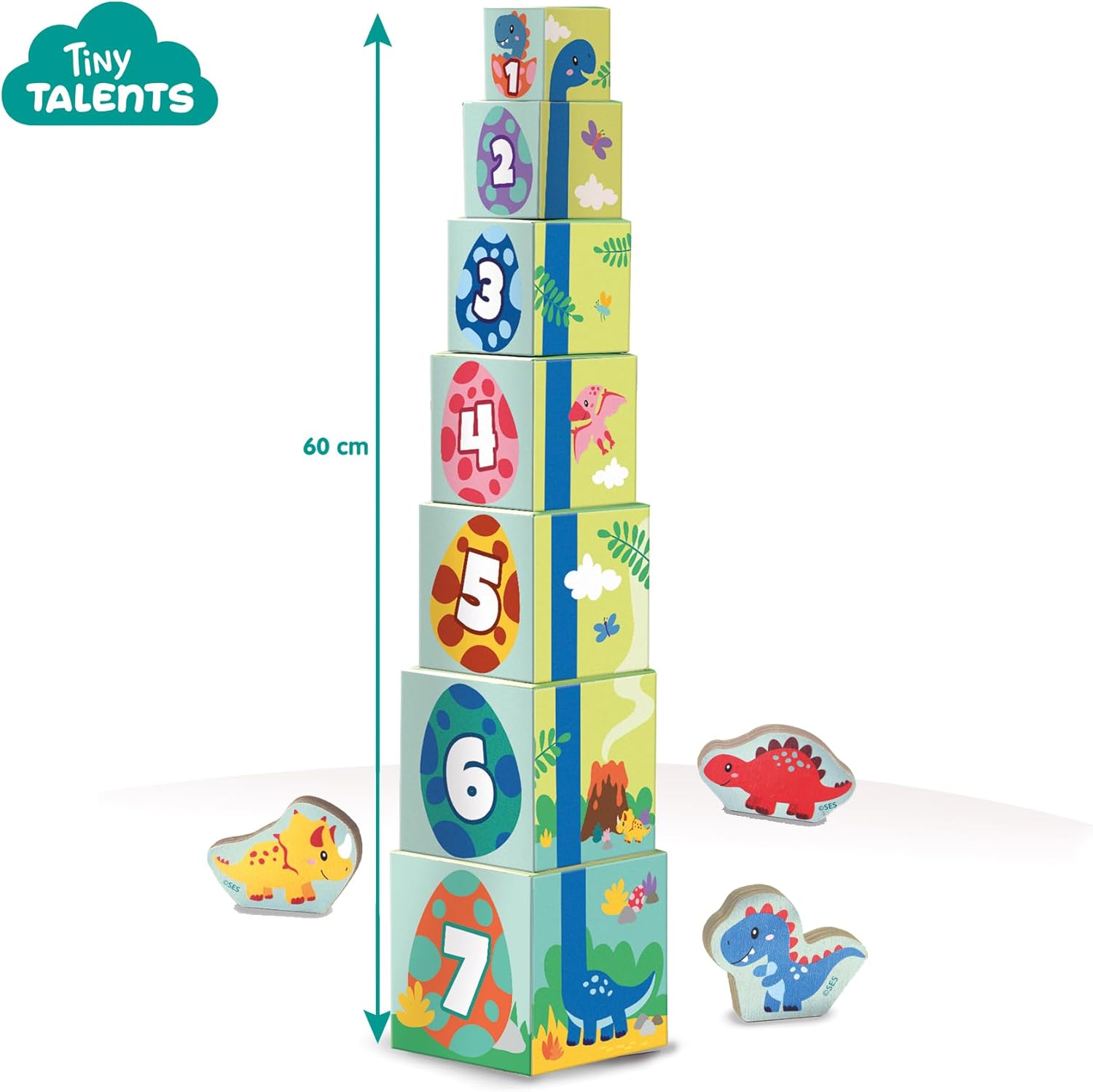 SES Creative 13202 Stacking Blocks Tower with Dino Figures, Yellow