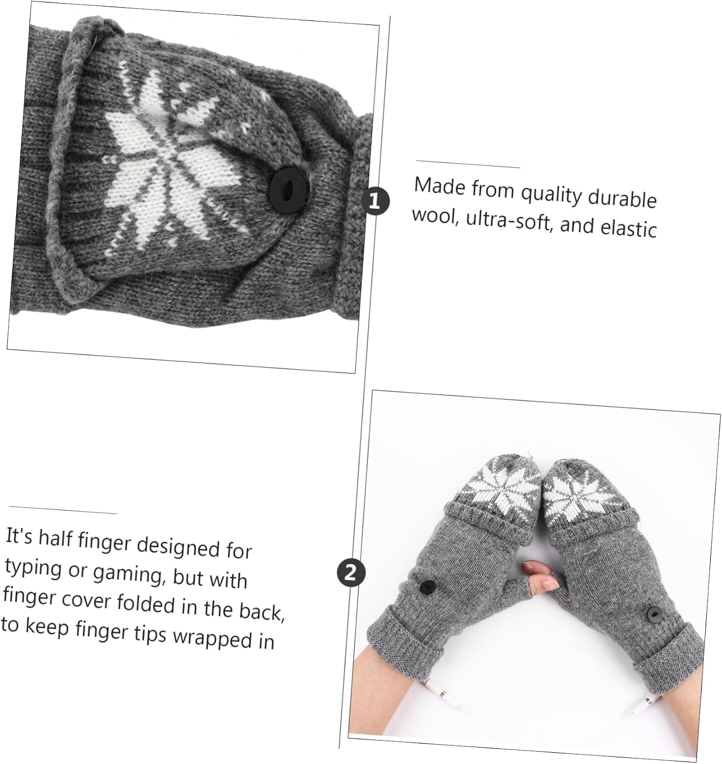 VICASKY Usb Powered Half Finger Gloves for Women Men Snowflake Design for Typing Gaming Outdoor Activities
