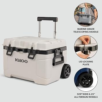 Igloo Trailmate 52Qt Wheeled Cooler, Insulated Hard Shell Ice Chest, Bone