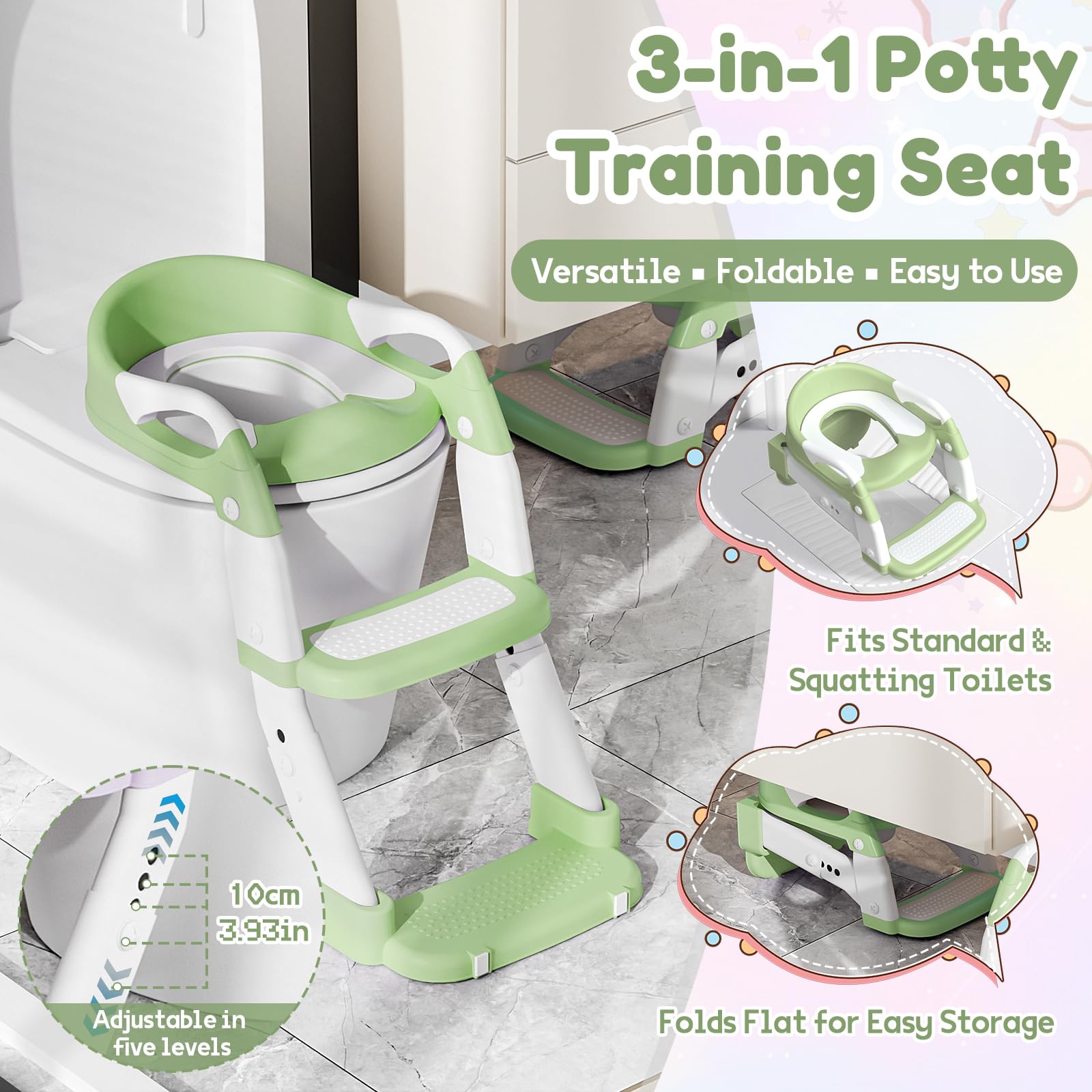 Riduttore WC Bambini con Scaletta, Multifunzione 3 In 1 Scaletta WC Per Water Bambini con Vasino Removibile, Paraspruzzi Estesi Regolabile e Pieghevole Sgabello Antiscivolo, Adattatore per Bambino