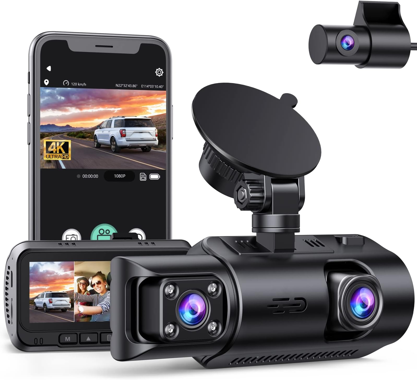 3 Channel Dash Cam Built-in GPS, 4K+1440P Dual Dash Cam, 1440P+1080P Front Inside/Cabin Rear Triple Dash Camera Driving Recorder for Car w/IR Night Vision Parking Mode Loop Recording WDR