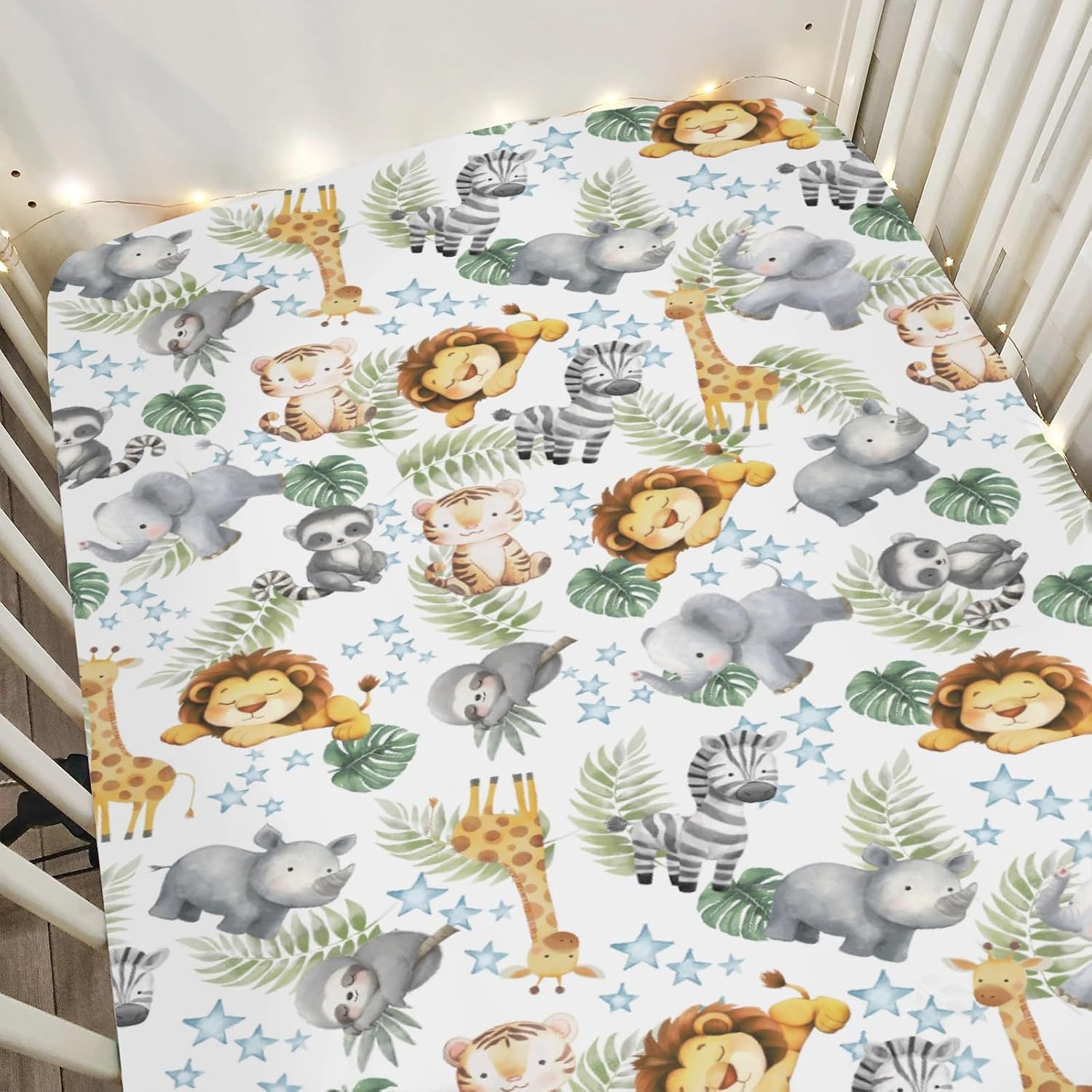Jungle Friends Baby Crib Sheets for Boy Girl 52x28 Safari Lion Giraffe Elephant Tropical Leaves Soft Stretchy Fitted Crib Mattress Cover African Animal Baby Sheet for Standard Crib & Toddler Mattress