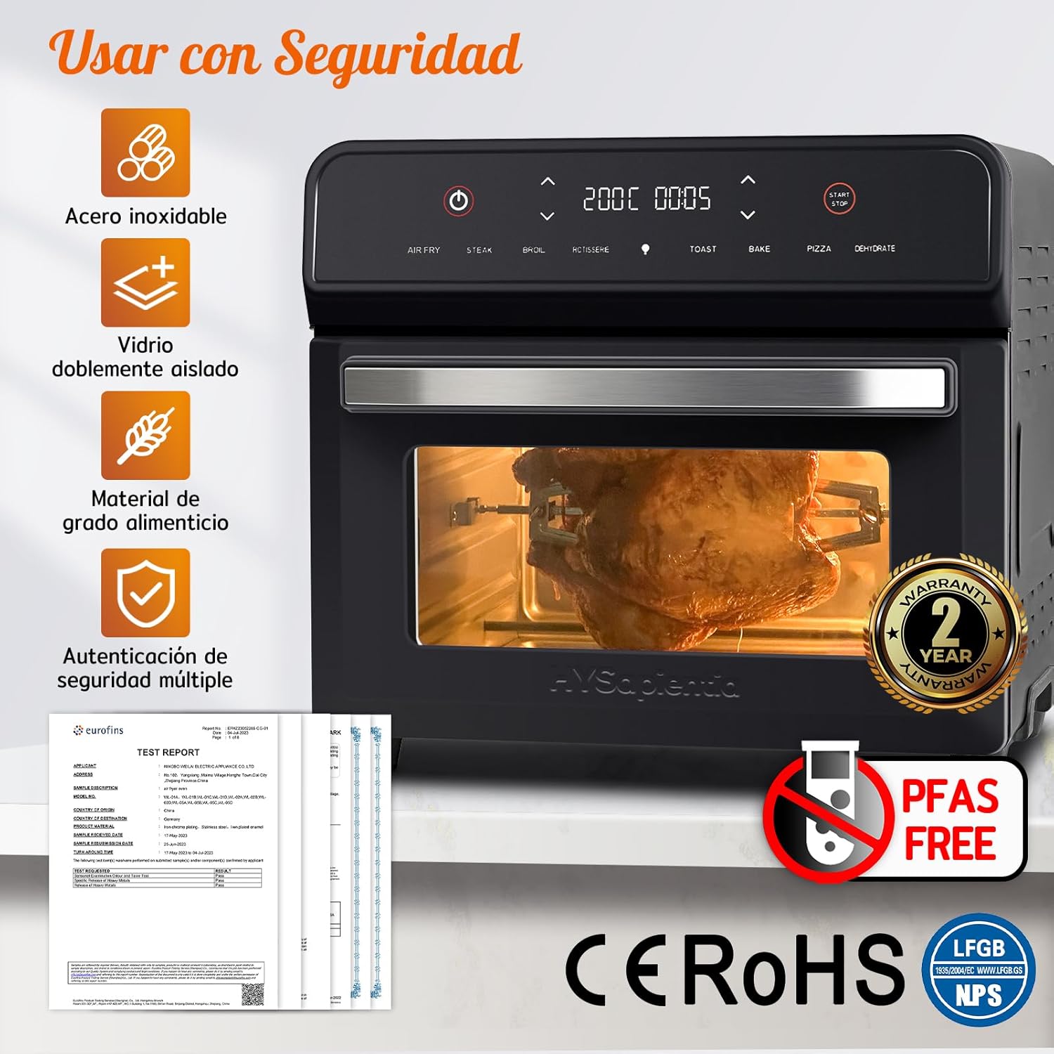 HYSapientia Air Fryer Oven with safety certifications and features highlighted