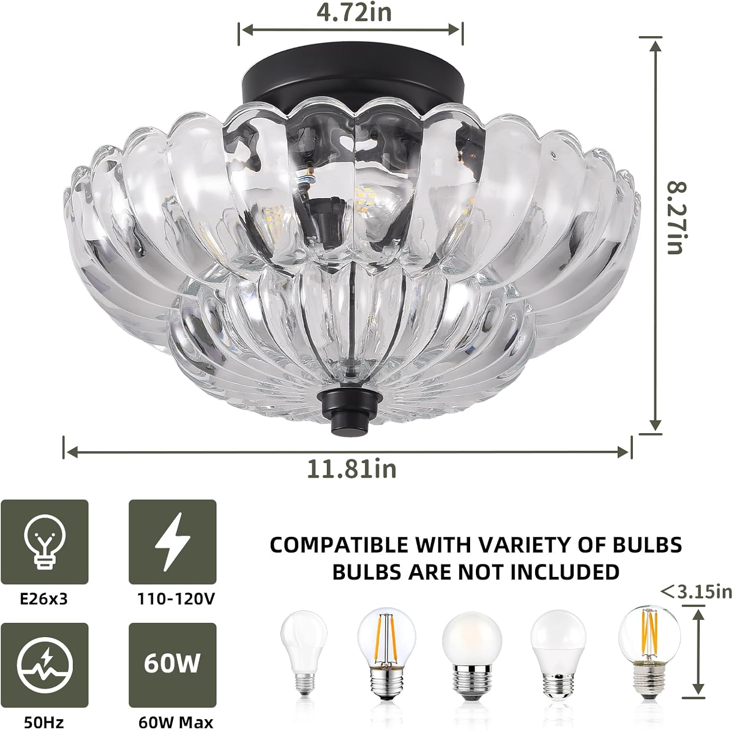 Semi Flush Mount Ceiling Light, 11.8 Inch Black Vintage Hallway Light Fixture with Transparent Glass, Close to Ceiling Light for Bedroom Kitchen Living Room Bathroom Foyer, E26 Base