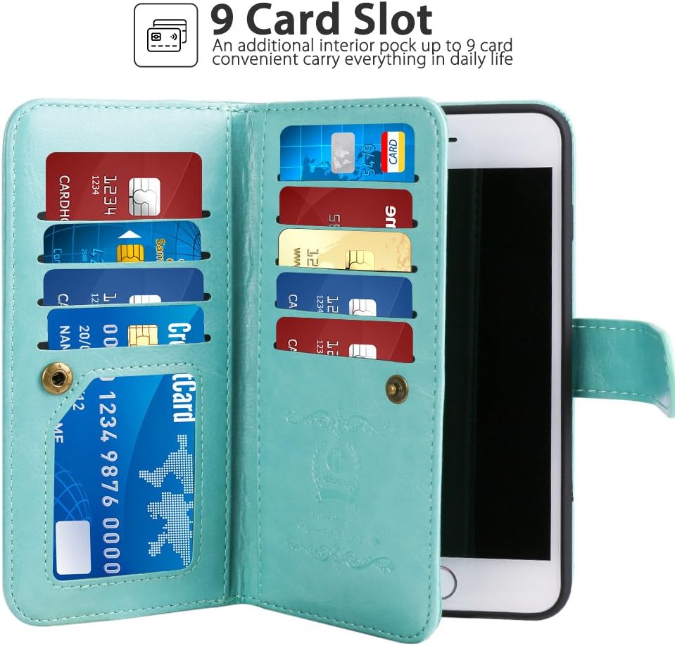 idudu iPhone 6 Plus Case, iPhone 6S Plus Flip Folio Wallet Case, Luxury PU Leather Wallet Cover Case with Credit Card Holder & Wrist Strap for iPhone 6 Plus iPhone 6S Plus 5.5 Inch (Mint)