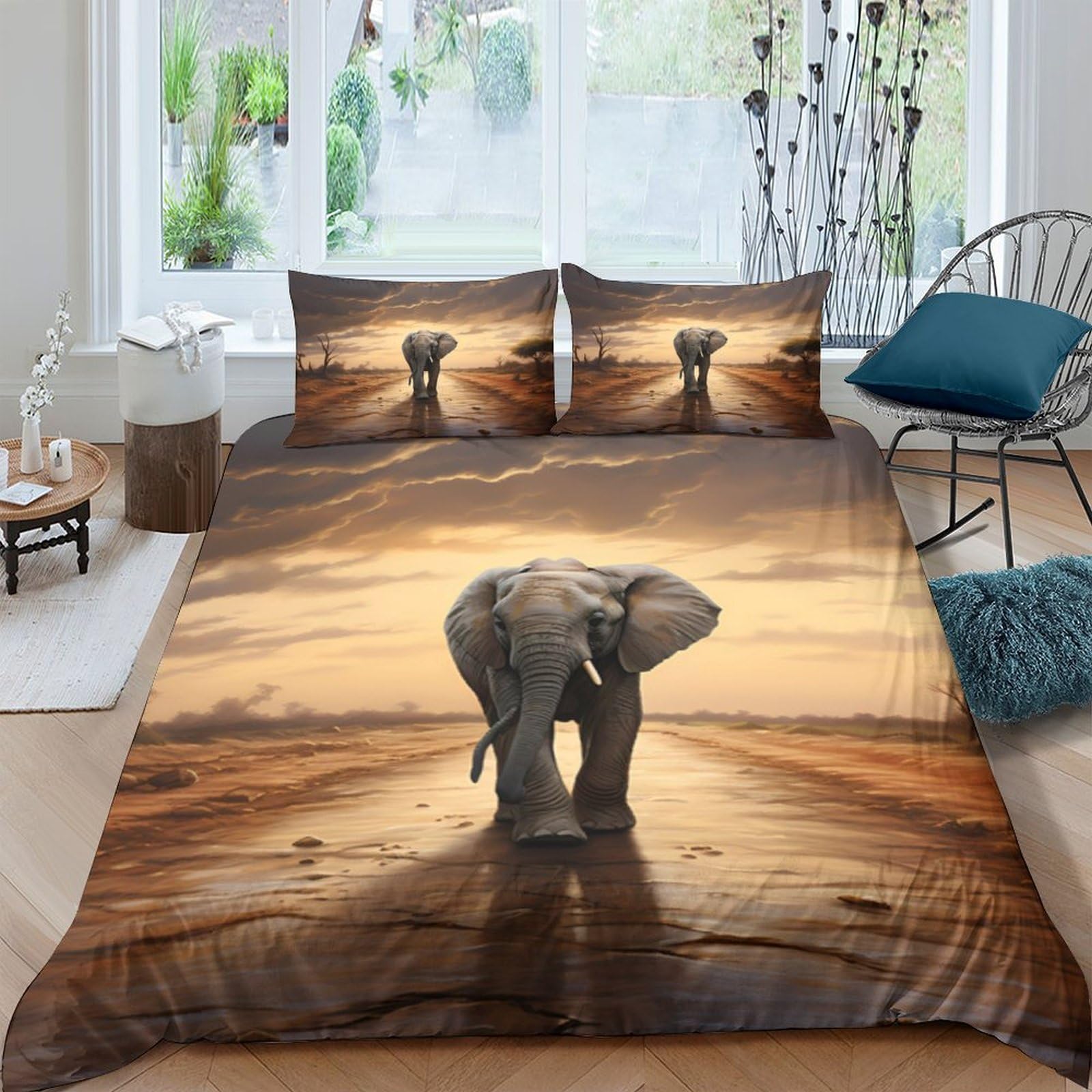 Ctjqhvkz Style-9 3D Printed Sunset Savannah Elephant Fitted Sheet Microfiber Soft Bed Sheet Anti-Slip Easy Care Bedroom Decor Single（135X200cm）