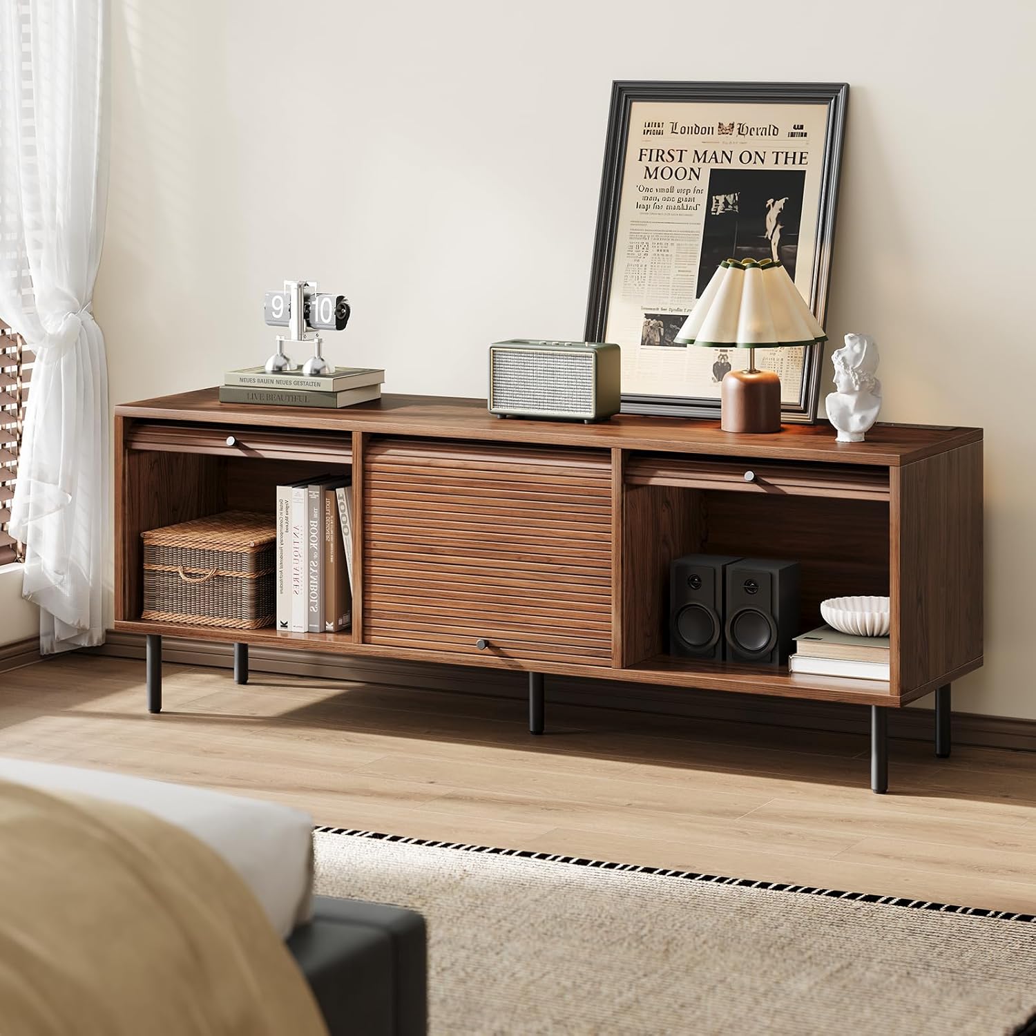 59 Inch TV Stand with Power Outlet for TVs up to 65 Inch, Entertainment Center with Storage, Mid-Century Modern TV Console, Adjustable Shelf & Sliding Doors, TV Stand for Living Room, Bedroom, Walnut