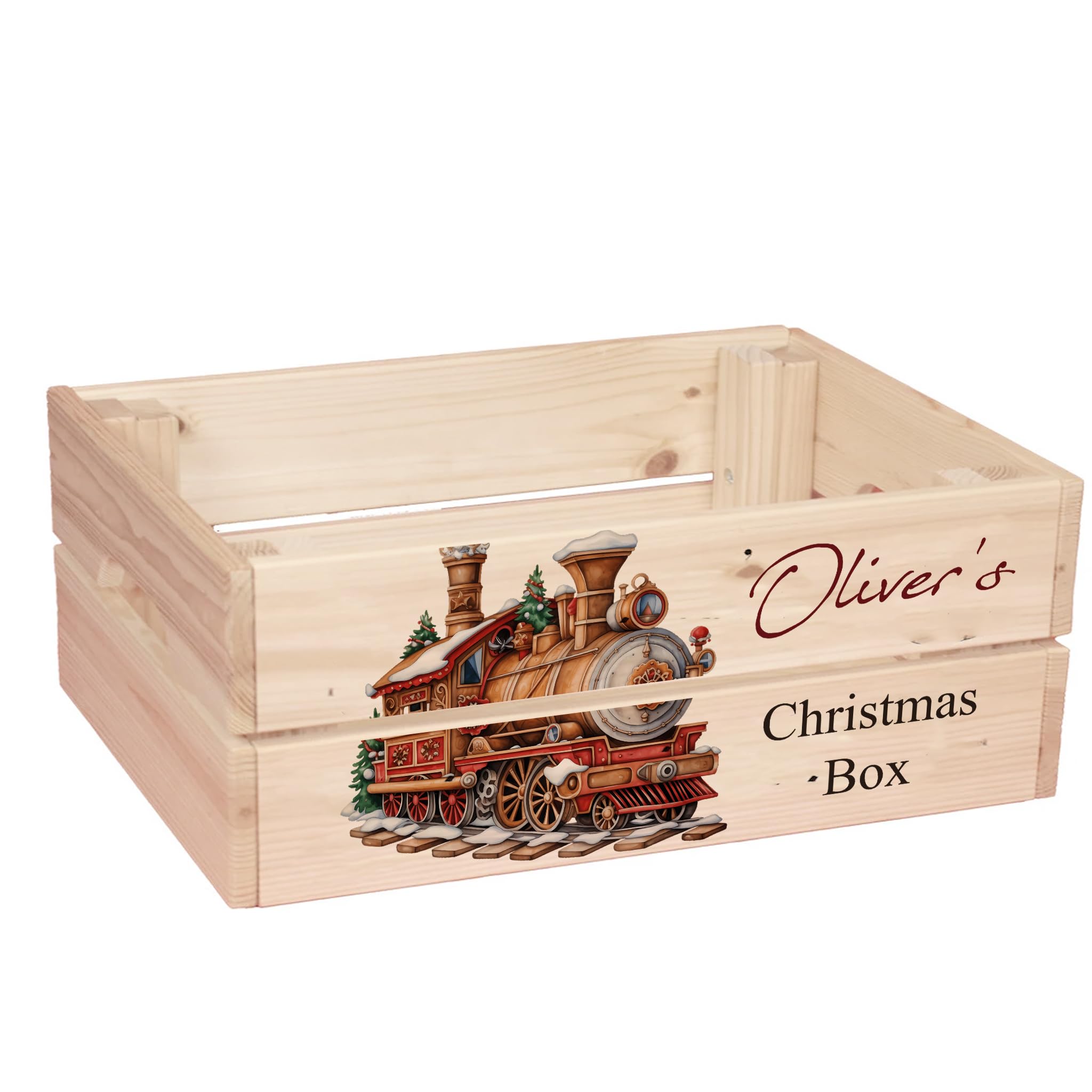 ukgiftstoreonline Personalised Christmas Eve Box with Santa, Trees, Reindeer, Snowman Designs, Wooden Storage Crate, 30.5 x 25 x 12 cm, Holiday Presentation Box with Side Handles (Locomotive-2)