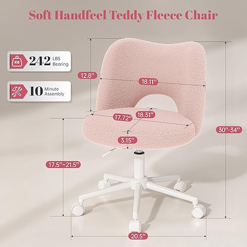 Miniatura 2 de Silla de tocador con ruedas rosa, bonita silla de tocador con respaldo, bonita silla de escritorio de forro polar ultra afelpado, silla de oficina