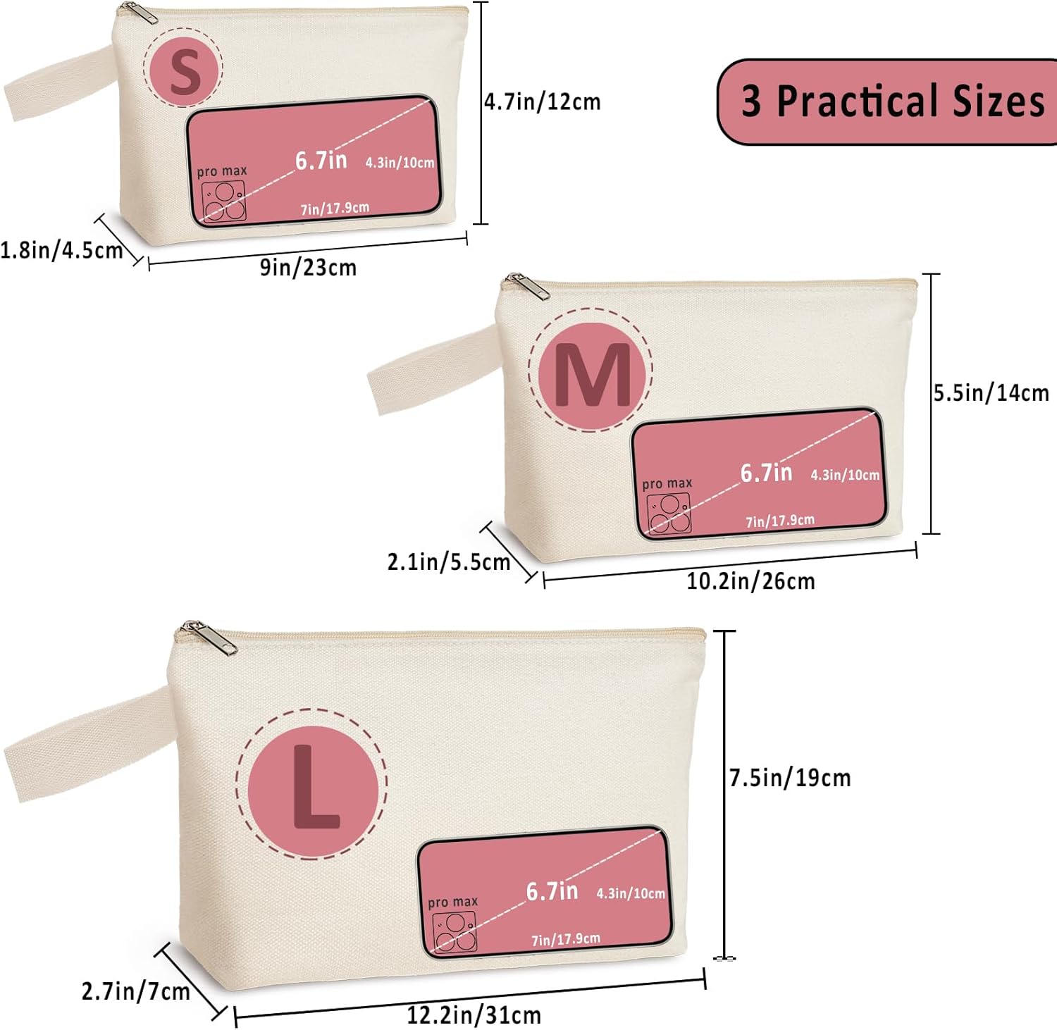 Koolmox Canvas Bags Bulk, 20 Pack 12Oz Fabric Makeup Pouch with Bottom and Nylon Strap Blank for Embroidery, Paint, Draw, Sublimation Crafts (Beige Bag w/Beige Zipper, M, 10.2x5.5x2.1'') - Image 5