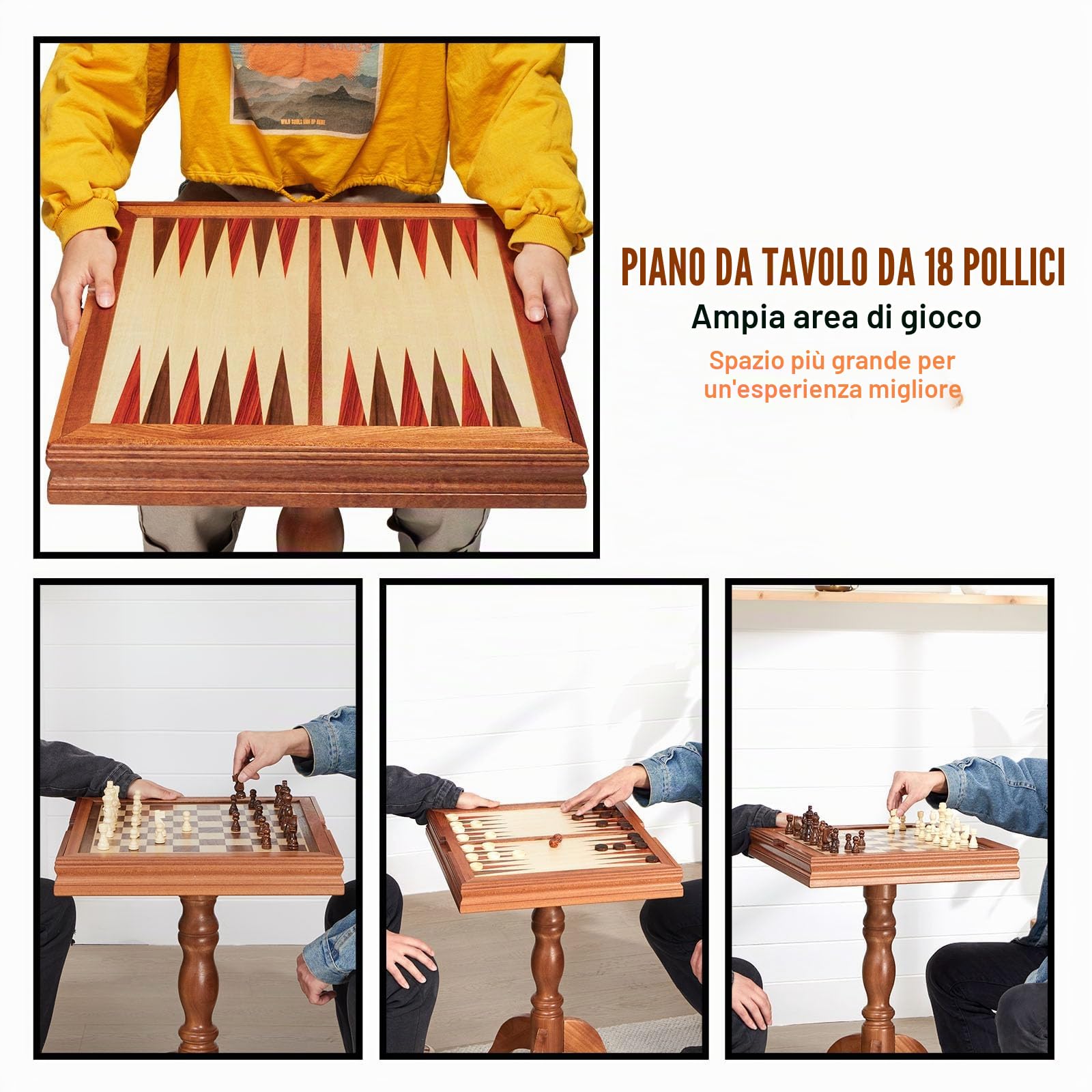 VEVOR Set da tavolo per backgammon dama 3 in 1, tavolo da scacchi in legno premium da 18 pollici, set di mobili da tavolo da gioco combinato deluxe, set di scacchi regalo per giochi da tavolo