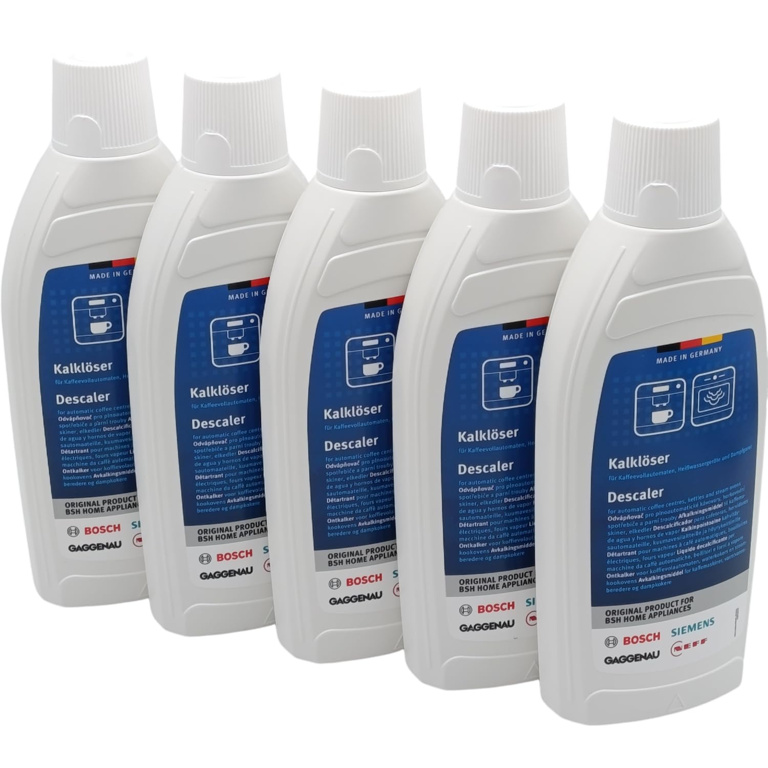 00312521 Entkalkerflüssigkeit Kalklöser (5 Stück), je 500 ml, kompatibel mit Bosch Siemens Kaffeevollautomaten, Heißwassergeräte, Dampfgarer, Dampfbacköfen, Wasserkocher, Kalkpflege Weiß