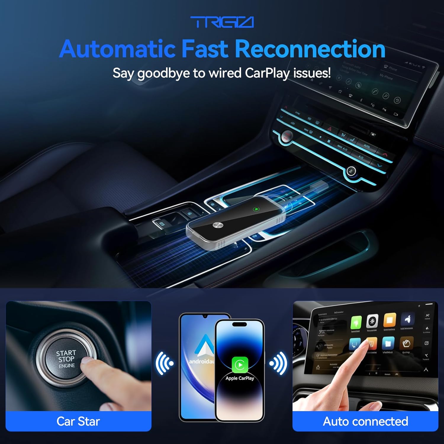 2-in-1 Wired to Wireless CarPlay and Android Auto Adapter Dongle Compatible with Apple iOS & Android Smartphones via USB or Type C, Bluetooth Music Streaming, High Performance-Slim Version