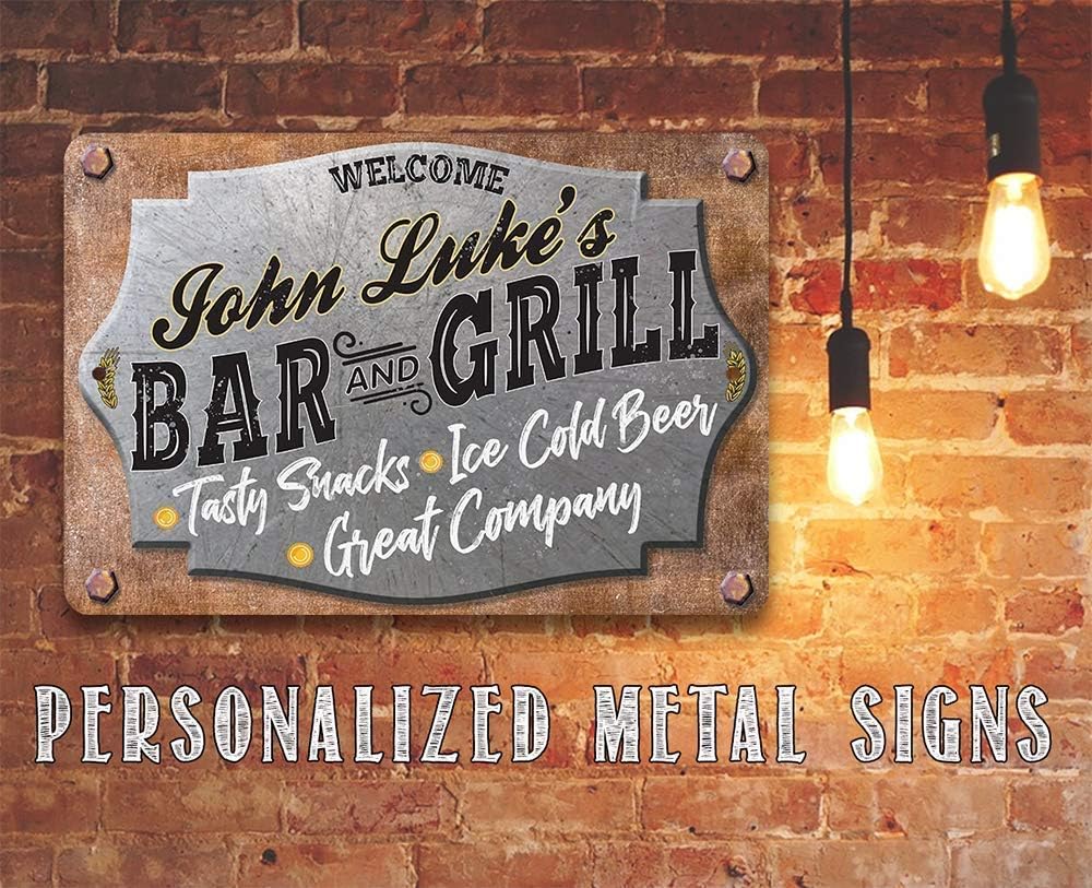 Personalized Bar and Grill Metal Sign - Vintage Tin Signs for Patio, Garden, Bars, Kitchens and Restaurants, BBQ Grill Print and Housewarming Gifts, 8x12 or 12x8 Use Indoor or Outdoor Metal Tin Sign