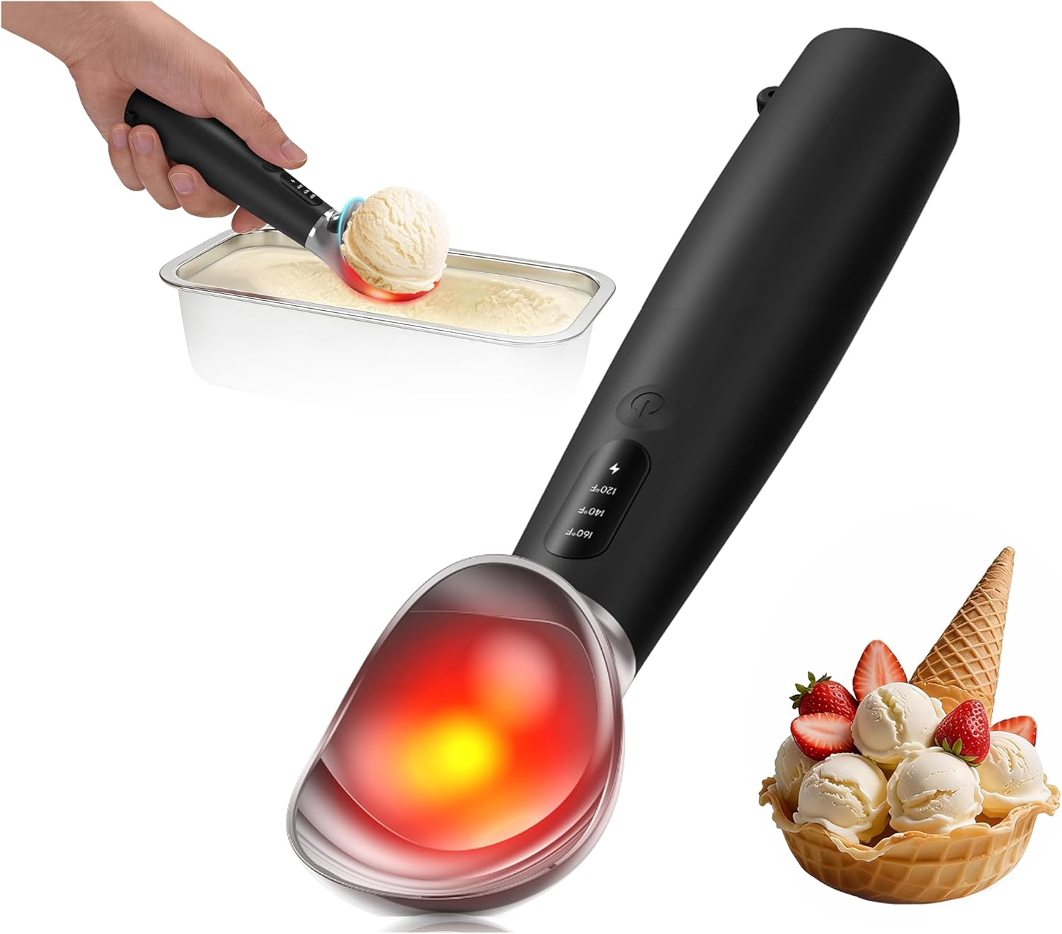 Heated Ice Cream Scoop, 3-Temp Modes & 160°F Fast Heating, Rechargeable with LED Monitor, IPX7 Waterproof, Easy Scoop for Hard Ice Cream and Dessert Scooper- Black