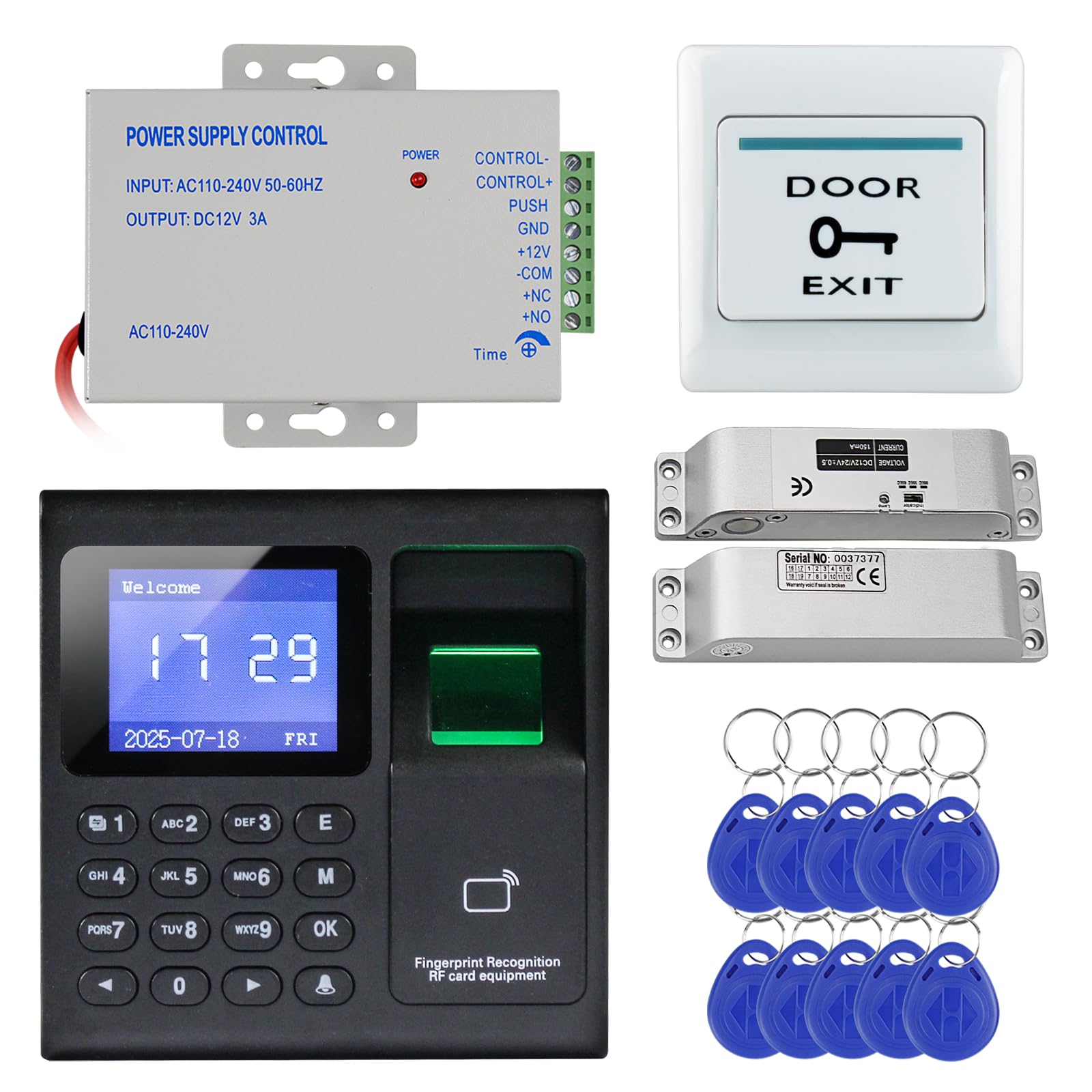 Kit Contrôle Accès Biométrique 3-en-1 – Serrure Électrique Incluse | Kit complet : pointeuse, serrure électrique, interrupteur, alimentation. Sans abonnement ni WiFi.