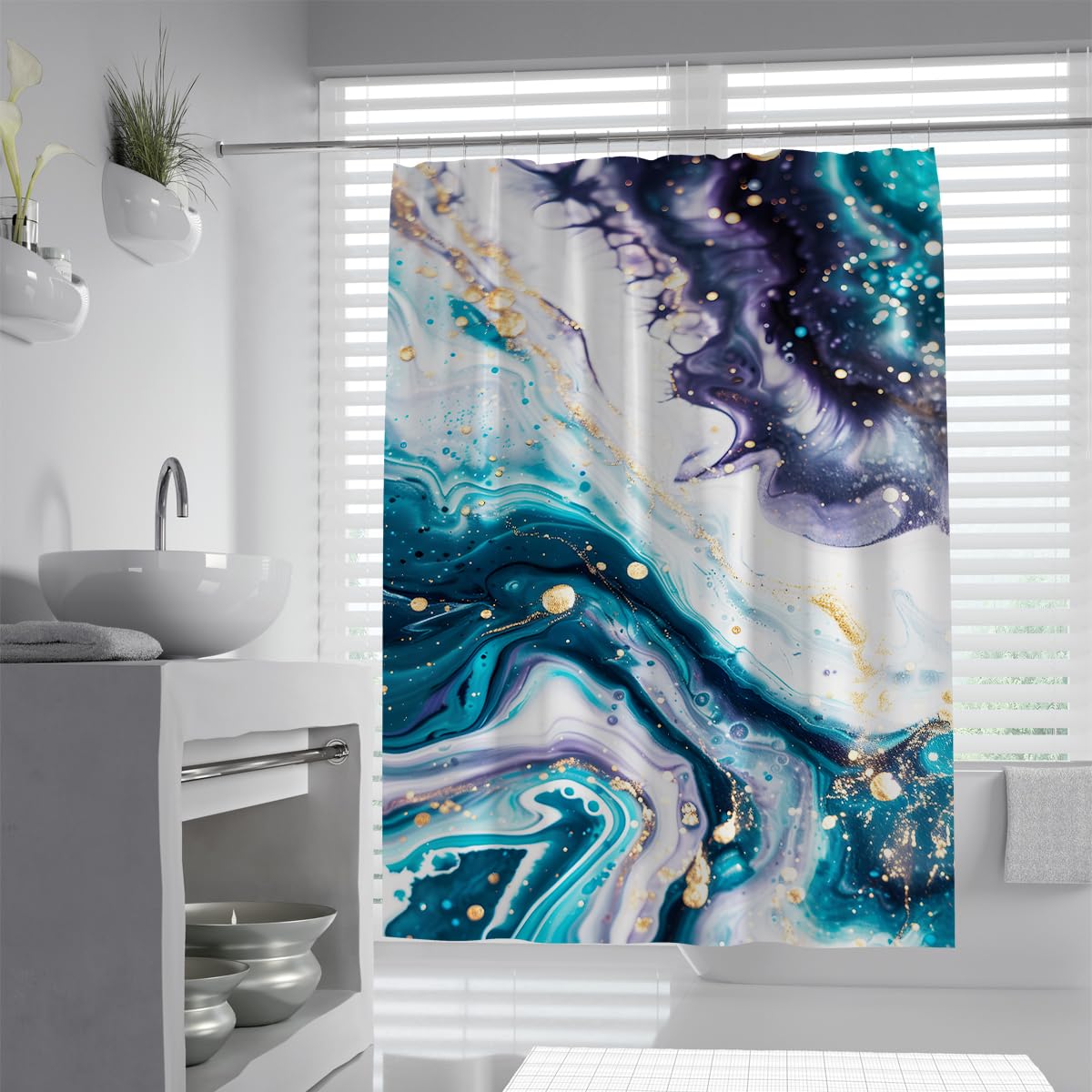 UIRINGART Luxury Bath Curtains W150xL200cm Abstract Teal Turquoise Blue Purple Liquid Fluid Marble Swirl Texture Pattern Mildew Mould Resistant Fabric Shower Curtain With Hooks