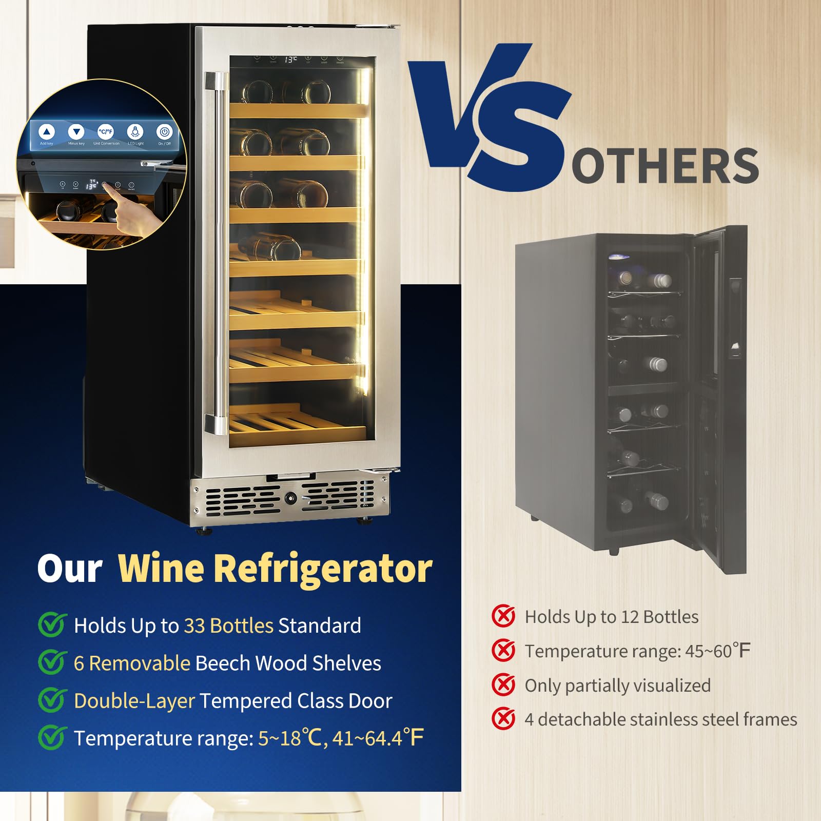 33 Bottle Wine Cooler Beverage Refrigerator, Wine Refrigerator Glass Door With Digital Temperature Control (41°F-64°F), Built In, Freestanding Under Counter Fridge For Beer Soda Bar Drink Home Office on Fridge.com - View 4