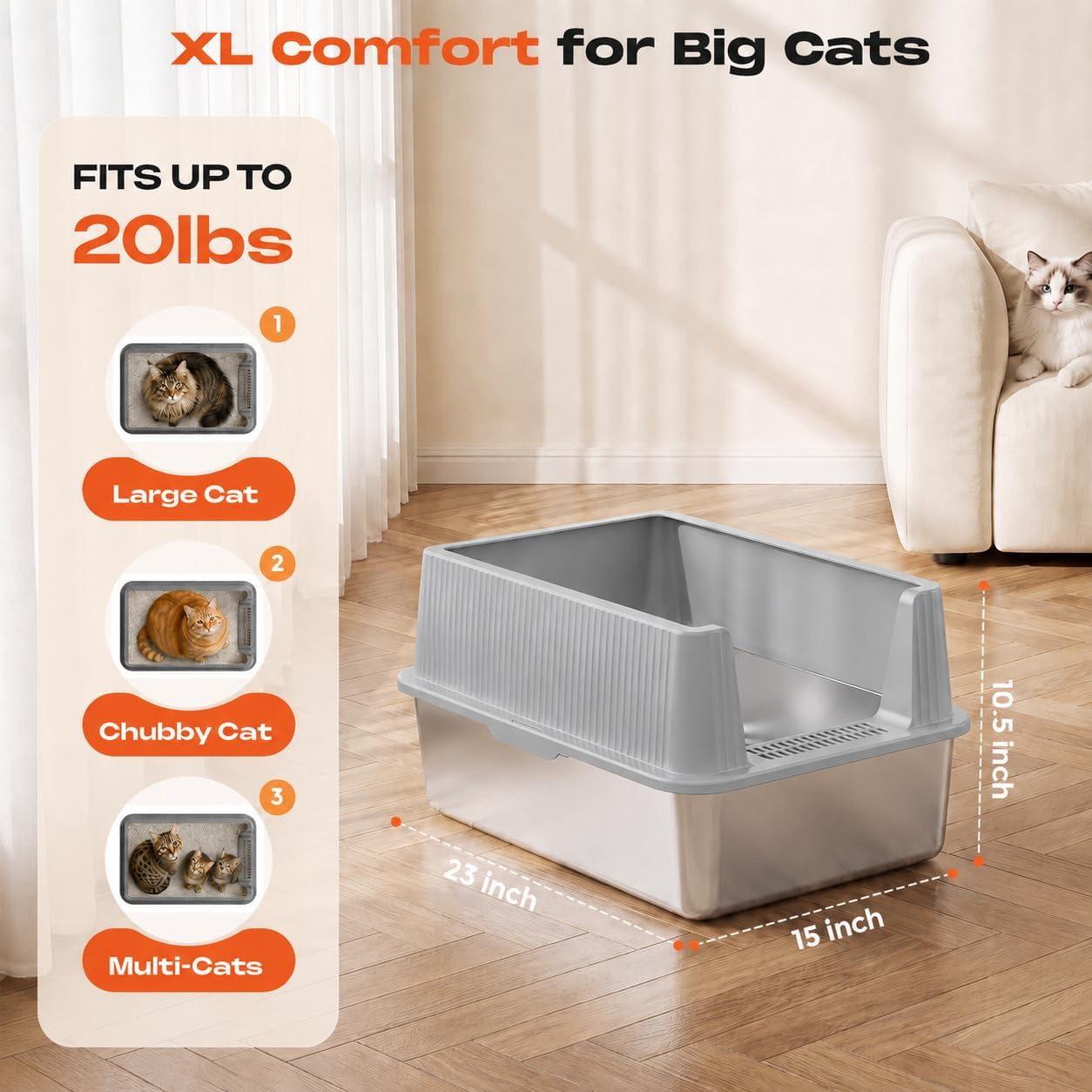 Suitfeel XL Stainless Steel Cat Litter Box with Lid,2 Pack,Light Gray image 2