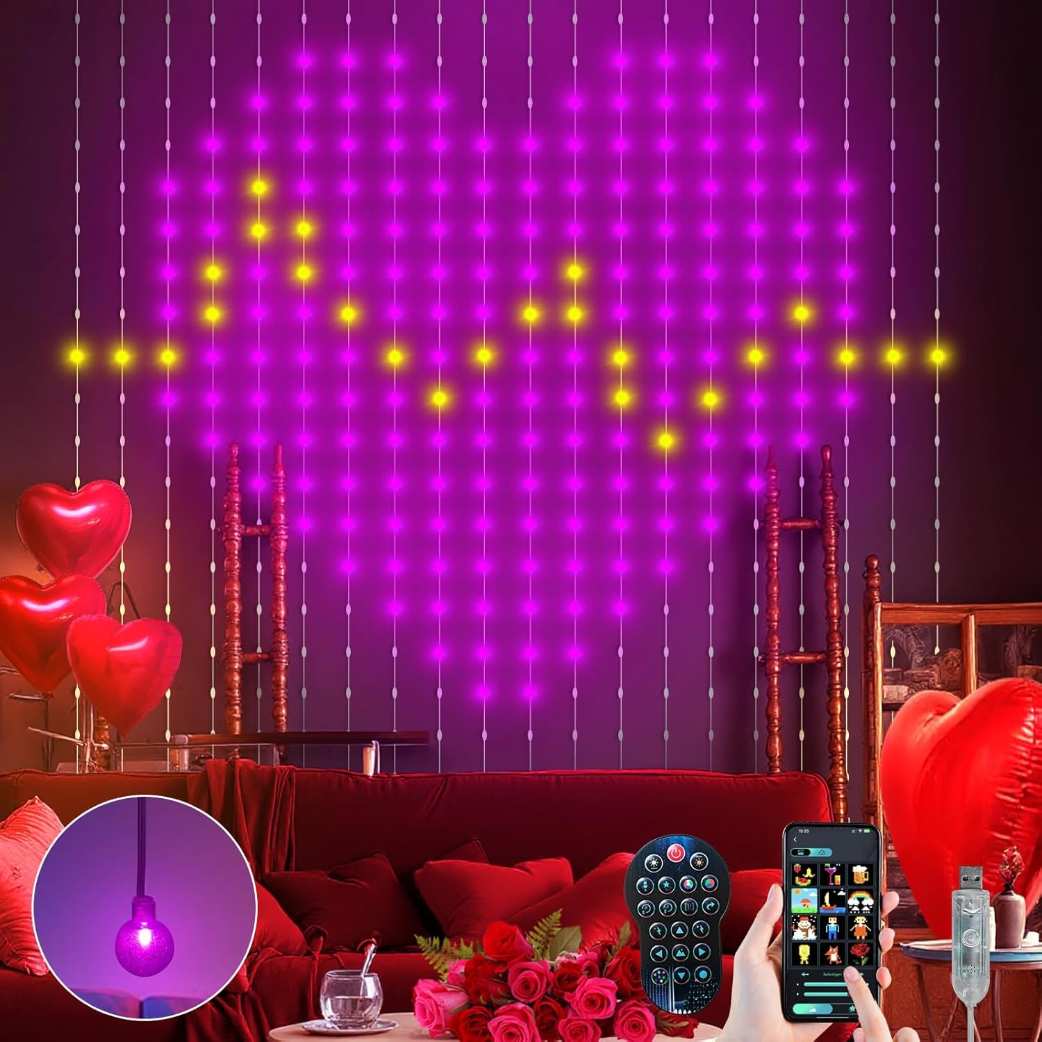 Ciskotu® Cortina de Luces, 86+ Modo RGBIC Inteligente Curtain Lights, DIY Modelo Dinámico con 400 LEDs, IP65 Impermeable Cortina Luces Led para Navidad (2 x 2M)