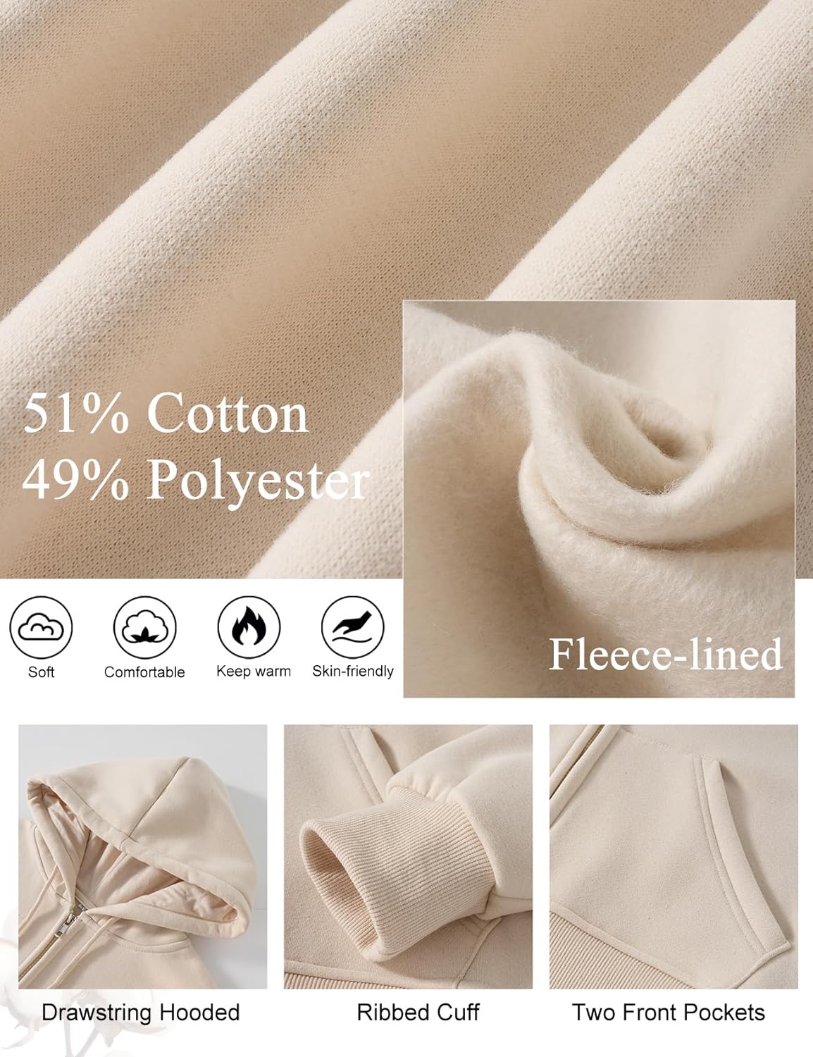 Kissonic Women's Cropped Zip Up Hoodie Fleece Lined Drawstring Crop Tops Sweatshirt Jacket with Pockets - Image 6