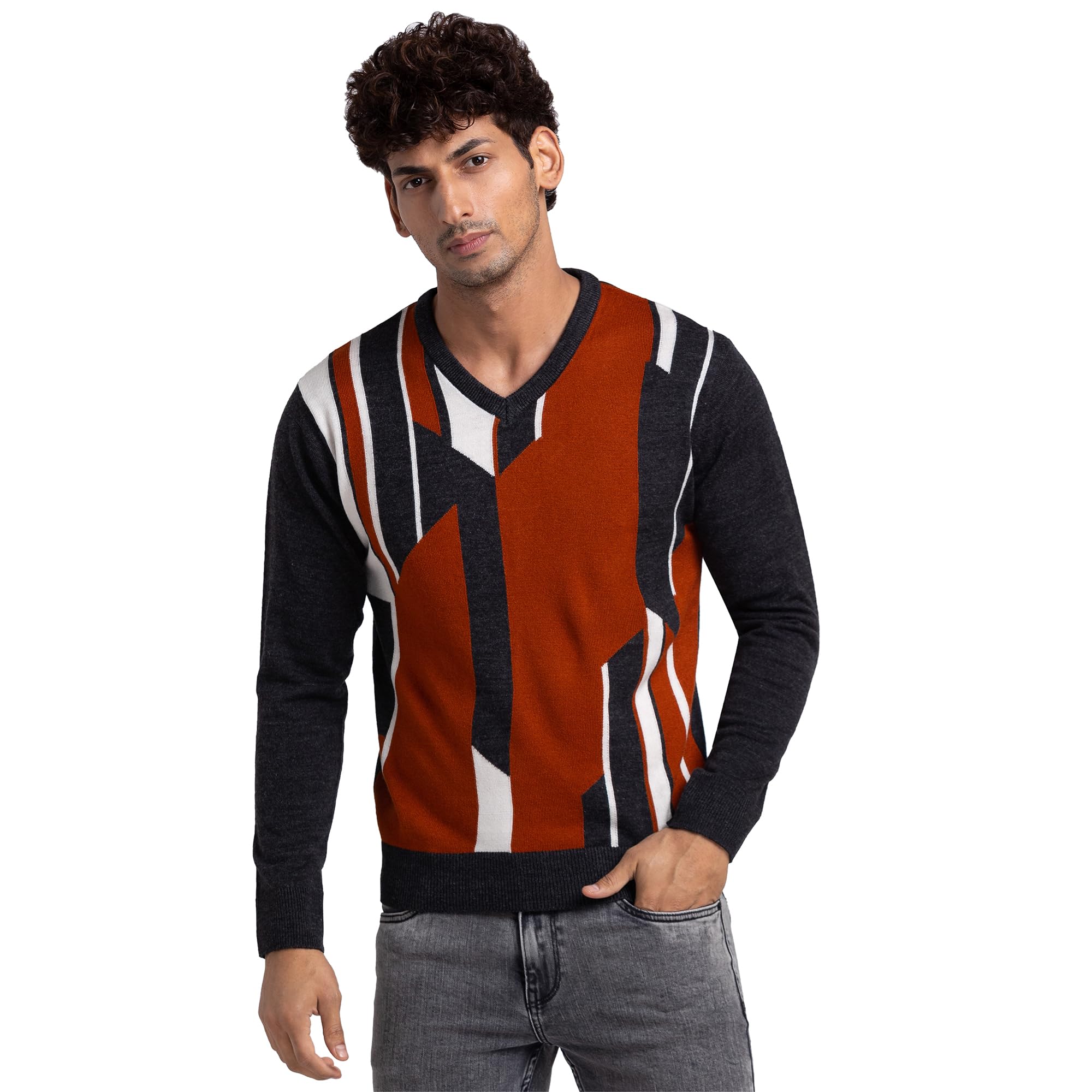 parx Men Regular Fit Intarsia Pattern Pure Acrylic Full Sleeve V Neck Casual Sweater-picture-46