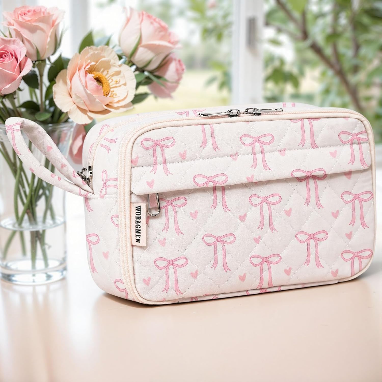 Quilted Pencil Pouch for Girls Women, Large Pencil Case Pouch with Compartments Cute Aesthetic Pencil Case Organizer, Floral Pencil Bag for School Supplies (Pink Bow)