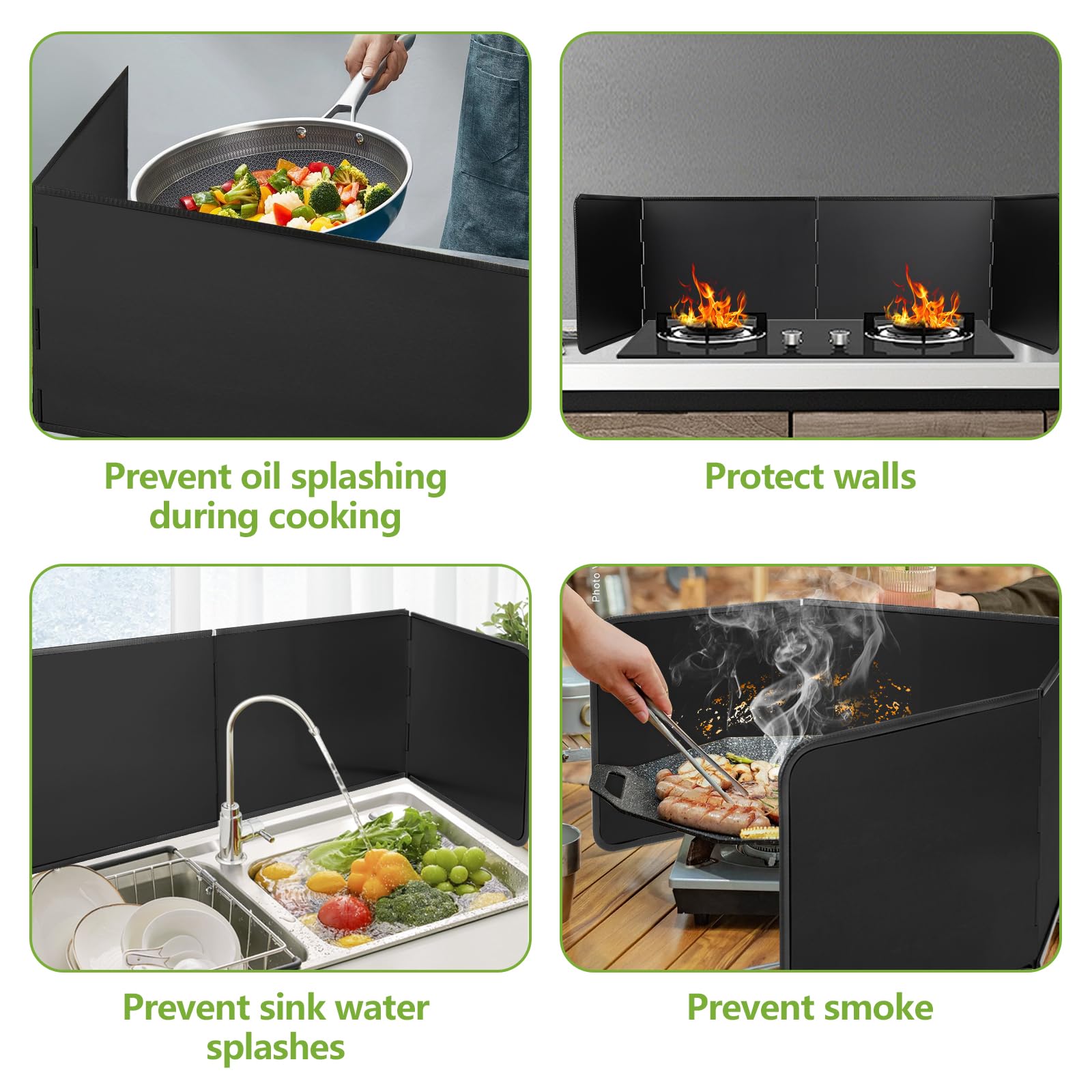 FoiiLiio Pannello Paraschizzi Cucina 4 Lati, Paraschizzi Cucina Pieghevole Protezione, Antiaderente Paraschizzi da Cucina Protezione, Protezione Schizzi di Olio per Cucine a Gas e Padella (Nero)