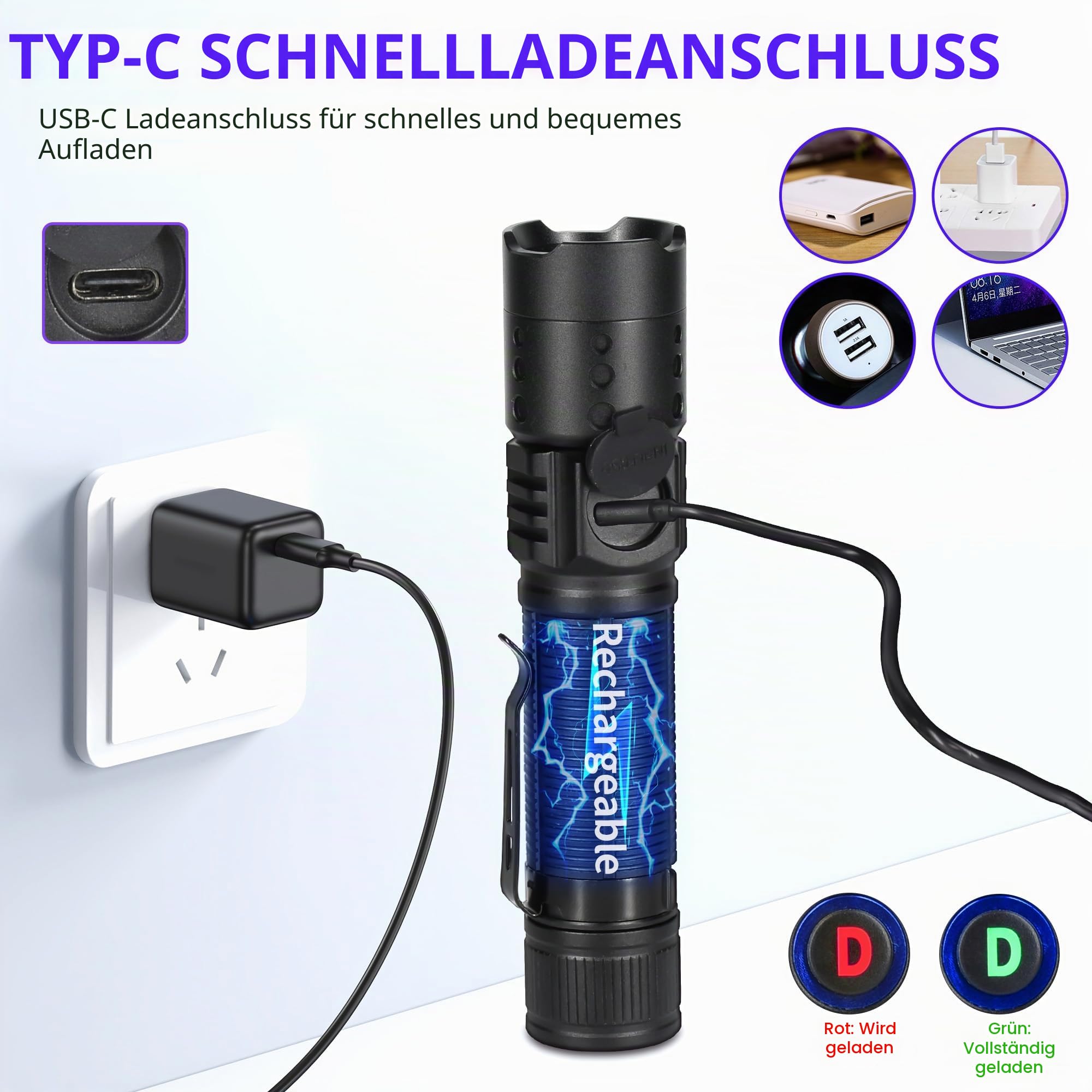 DARKDAWN UV Taschenlampe 365nm Schwarzlicht, Mini USB-C wiederaufladbare LED mit schwarzem Spiegel, fluoreszierender tragbarer Detektor für Haustier Urin Flecken, Anti-Fälschung Identifikation
