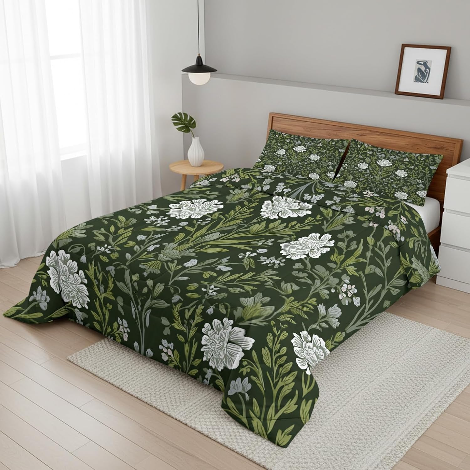 William Morris Floral Cal King Size Comforter Sets 3 Piece, Vintage Flower Printed Pattern, Soft All Season Bed Comforter & 2 Pillow Sham, Botanical Flowers Bedroom Decor Reversible Bedding D-GU81