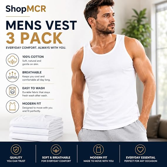 3 Pack Men's Vests 100% Cotton Sleeveless Tank Tops - Breathable Gym Undershirt, Plain Summer Workout Top, S to 4XL