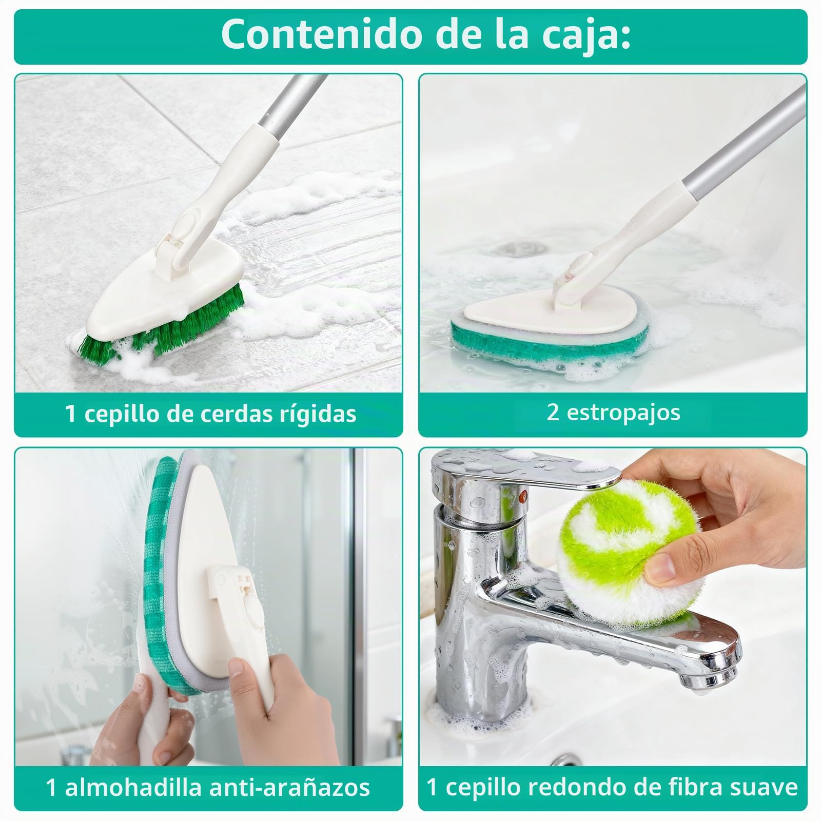 Qaestfy 4 en 1 Cepillo de Limpieza de Ducha y Estropajo Combinado con Mango Largo Desmontable de 130cm para bañera y Azulejos de Ducha, Cepillo Limpia