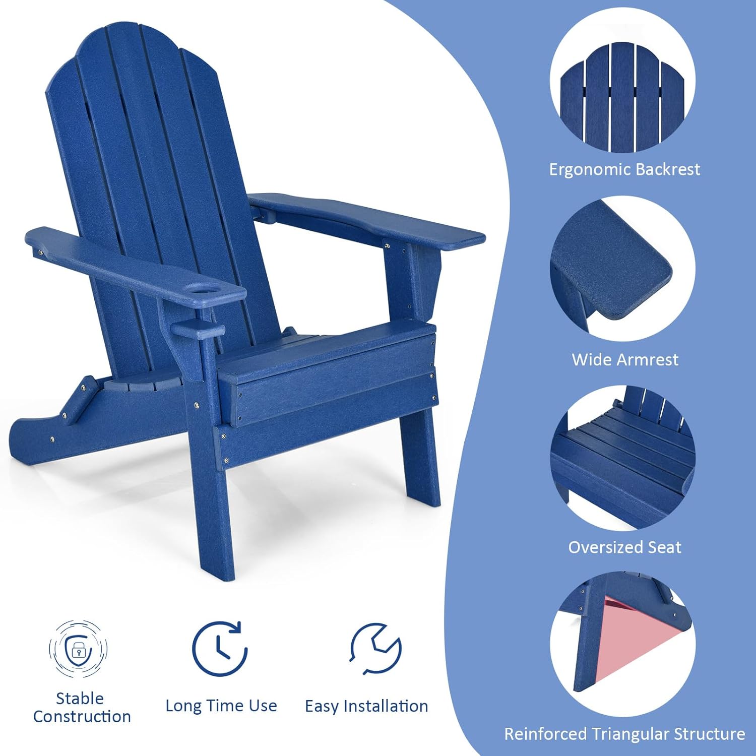 Tangkula Outdoor Folding Adirondack Chair, HDPE Armchairs with Cup Holder, Weather Resistant Lounger Chair for Patio Garden Fire Pit Backyard, Lawn Porch Seating, Adirondack Lounger (1, Navy)