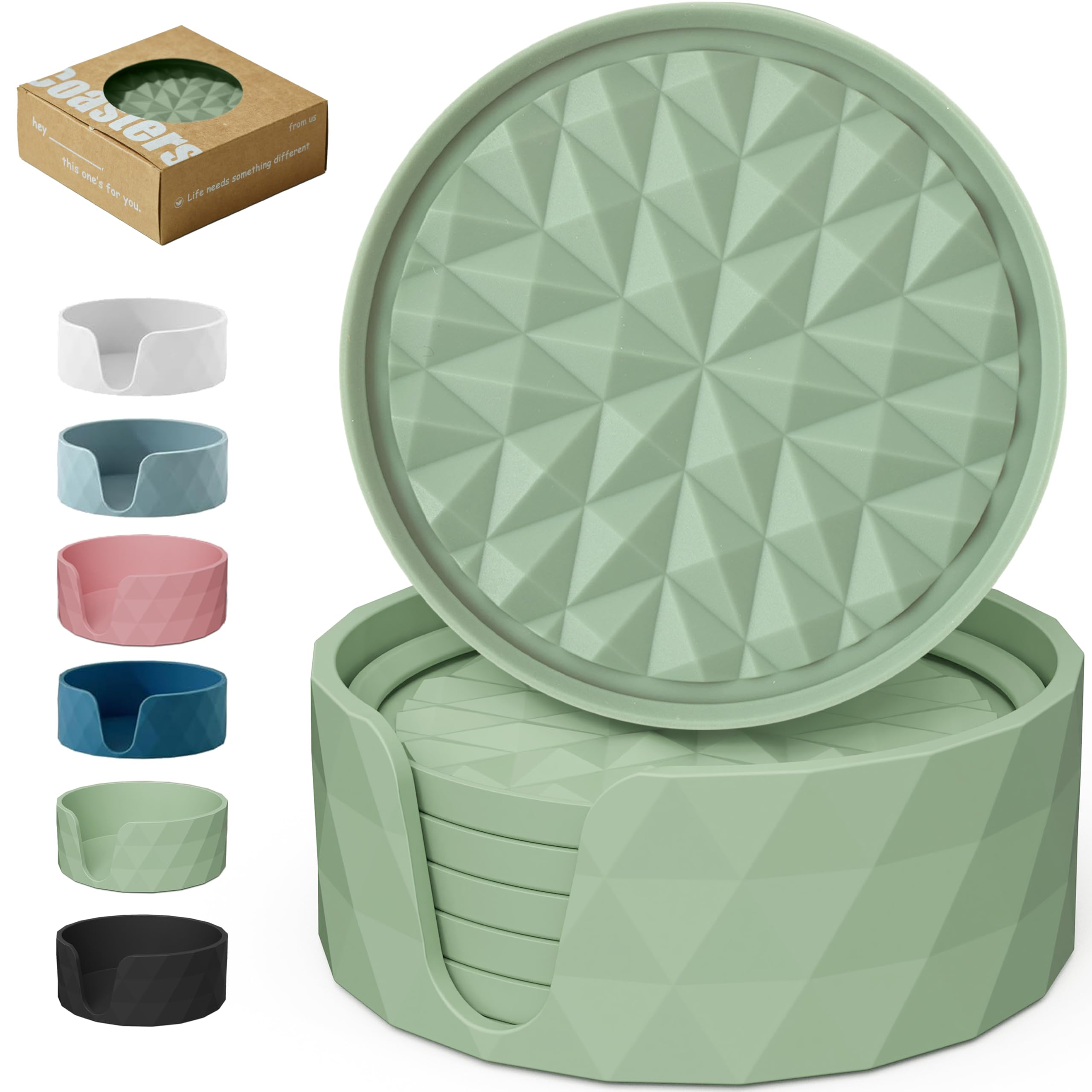 Wingcases Silicone Coasters for Drinks[6 pcs, Sage Green] Diamond Design Cup Mat with Holder for Tabletop Protection Non Slip, Non Stick, Coffee Table Decor, Great Gift for Any Occasion