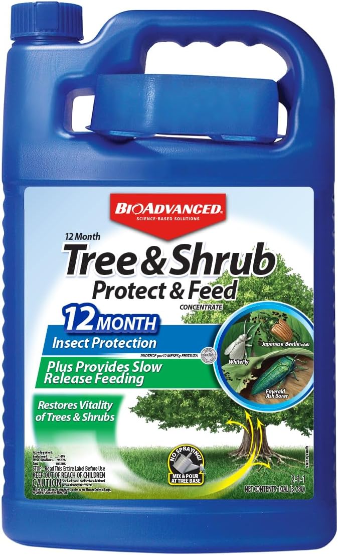BioAdvanced 12 Month Tree & Shrub Protect and Feed Concentrate - Mix & Pour - Insect Control and Plant Food - Up to 12 Months Protection - 1 gal Bottle