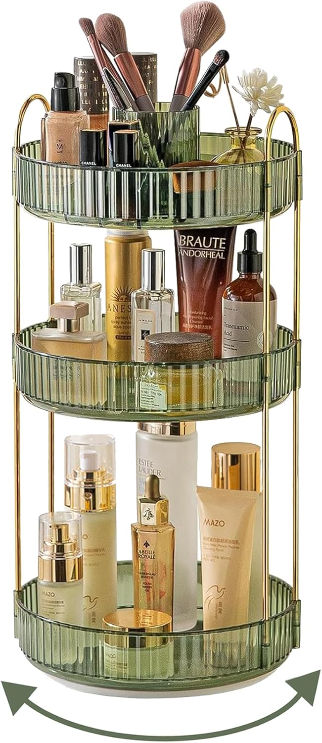 360 Rotating Makeup Organizer,3 Tier Large Capacity Make Up Organizers and Storage,Skincare Perfume Vanity Organizers,Bathroom Cosmetics Storage Organizer Countertop (Green)
